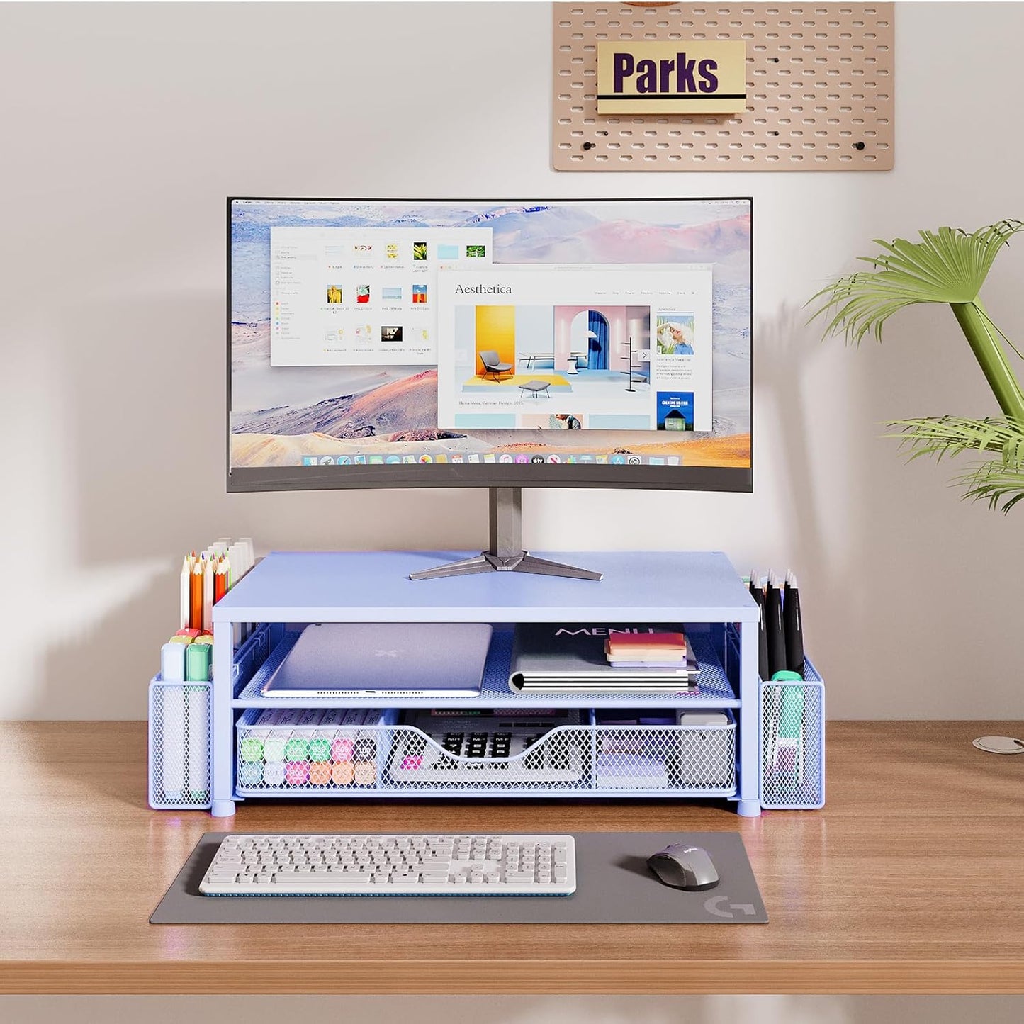 Desk Organizers and Accessories, 2-Tier Computer Monitor Stand Riser with Drawer and 2 Pen Holders, Laptop Stand, Office Desk Accessories for Office Supplies, Blue