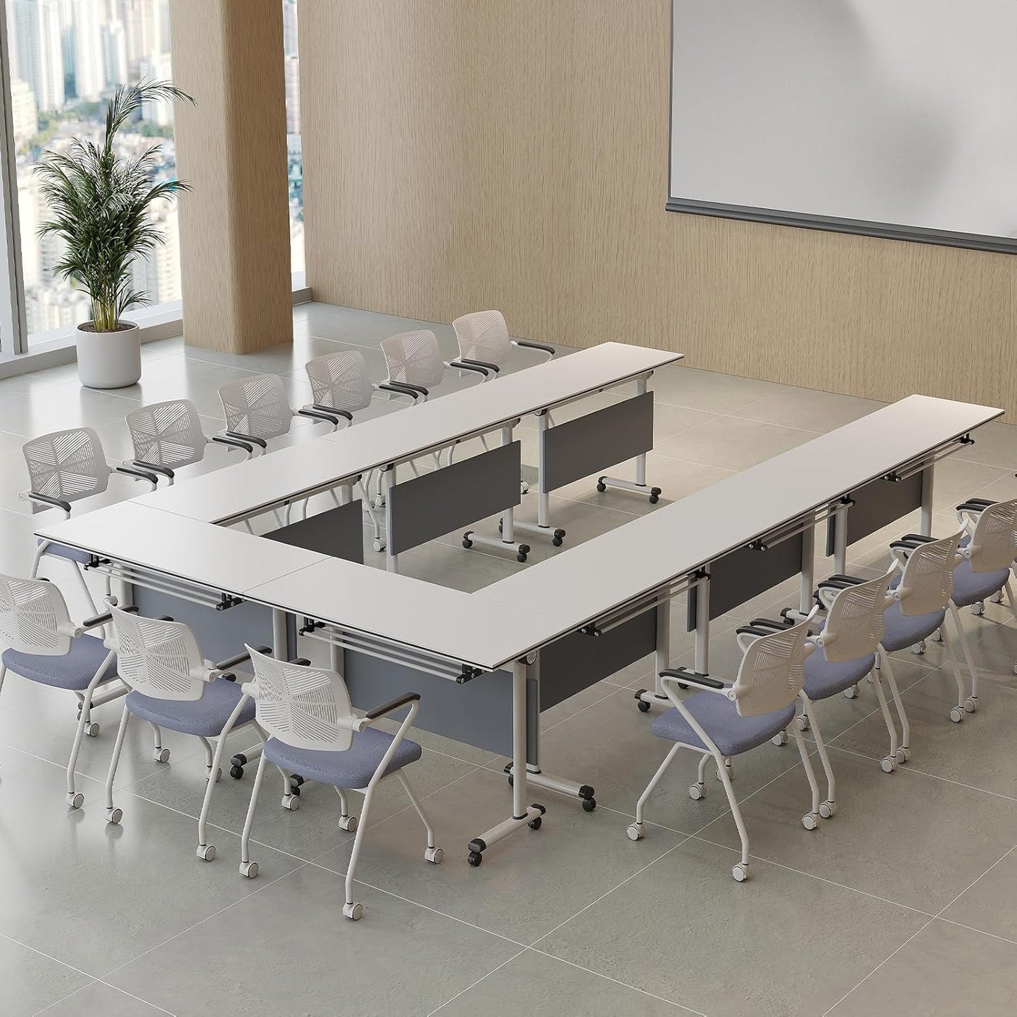 Folding Conference Table, Modern Large Conference Room Tables with Flip-Top Design, Foldable Conference Table Meeting Table with Wheels, Mobile Seminar Training Tables for Office Classroom (4, Gray)