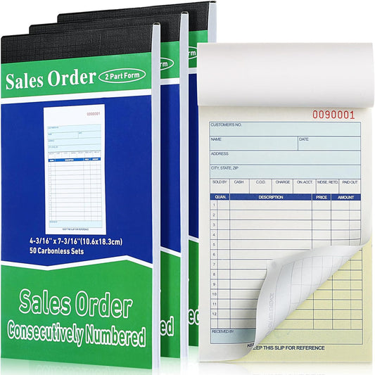 Lincia 3 Pads Sales Order Books 2 Part Carbonless (White/Canary Yellow) Receipt with Carbon Copies Cover Receipt Form Invoice 50 Sets Per Book (4.18 x 7.2 Inch/ 10.6 x 18.3 Cm)