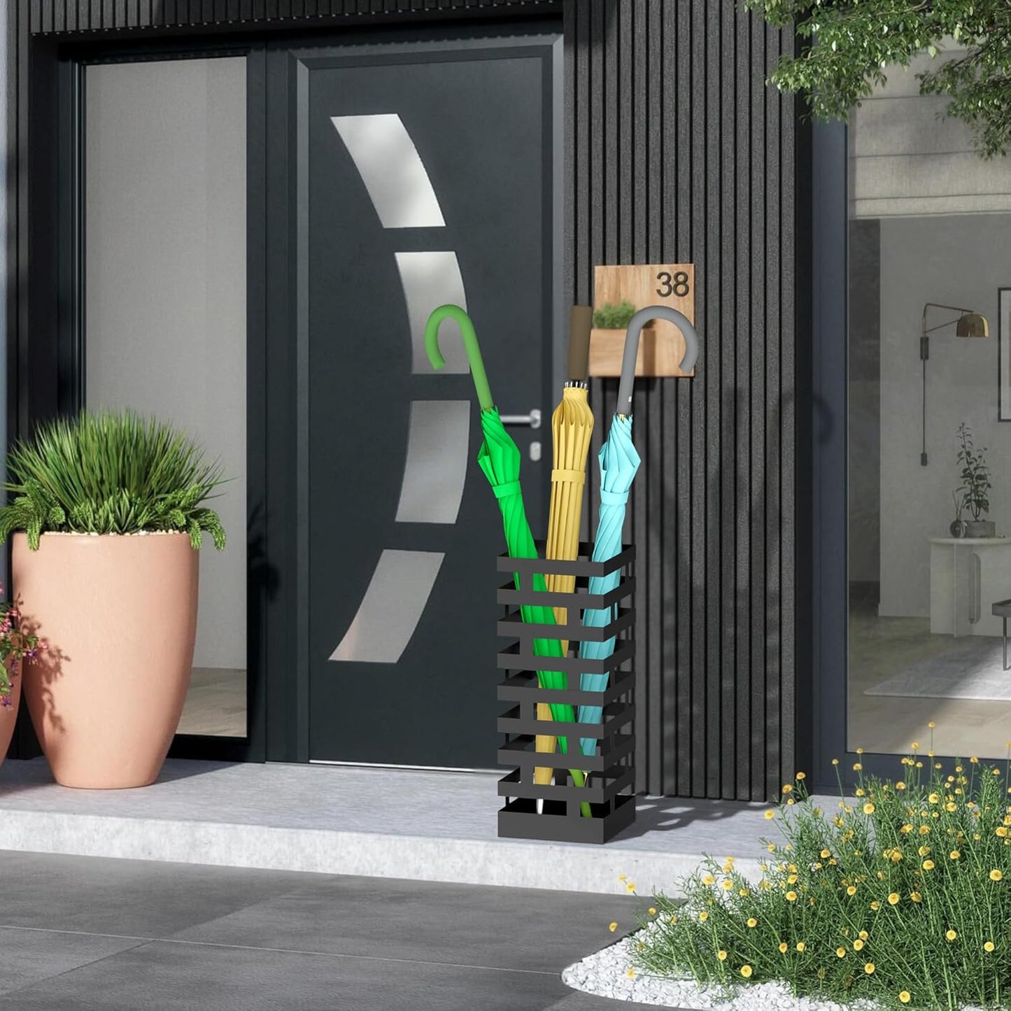 Umbrella Holder for Indoor Entryway,Metal Umbrella Stand with Removable Water Tray and Hooks, 16.2 Inch Umbrella Rack Storage for Home, Office, Hotel