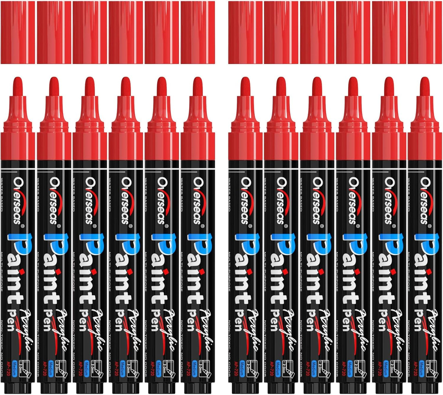 Overseas Red Paint Pens Paint Markers - Permanent Acrylic Markers 12 Pack, Water-Based, Quick Dry, Waterproof Marker Pen for Rock, Wood, Plastic, Metal, Canvas, Glass, Fabric, Mugs. Medium Tip