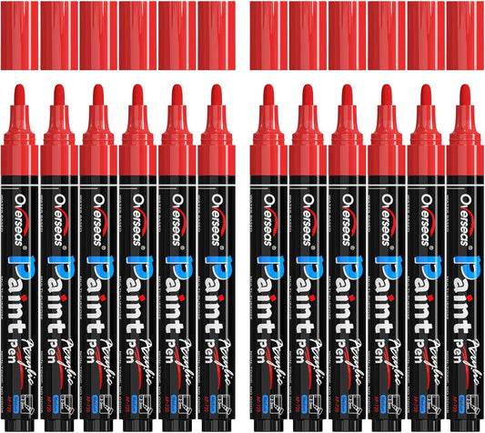 Overseas Red Paint Pens Paint Markers - Permanent Acrylic Markers 12 Pack, Water-Based, Quick Dry, Waterproof Marker Pen for Rock, Wood, Plastic, Metal, Canvas, Glass, Fabric, Mugs. Medium Tip