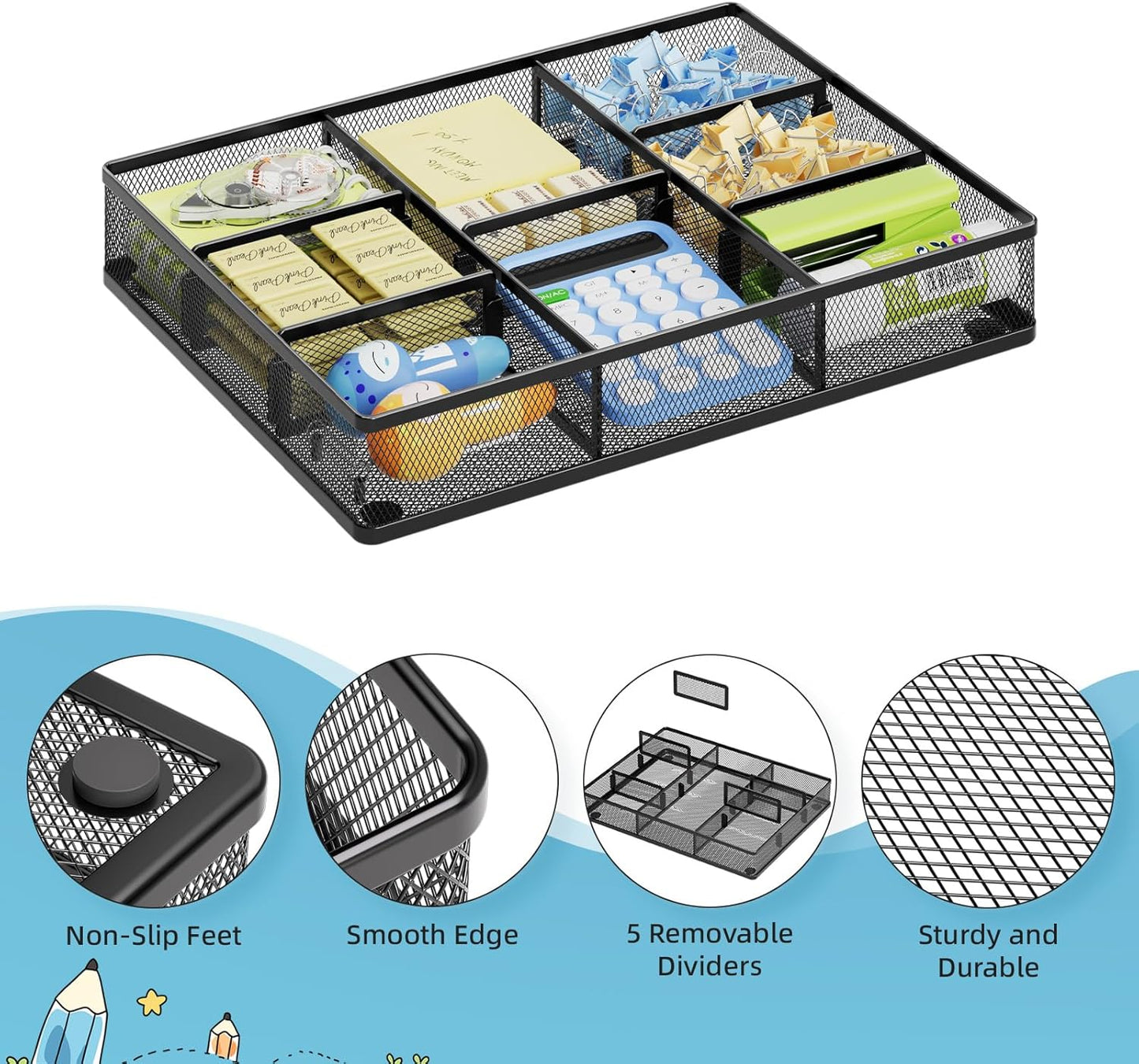 Marbrasse Desk Drawer Organizer, Metal Mesh Drawer Organizer Tray with 5 Adjustable Compartments,Desk Organizers and Accessories for Home,Office,Kitchen,Makeup,Vanity (Black)