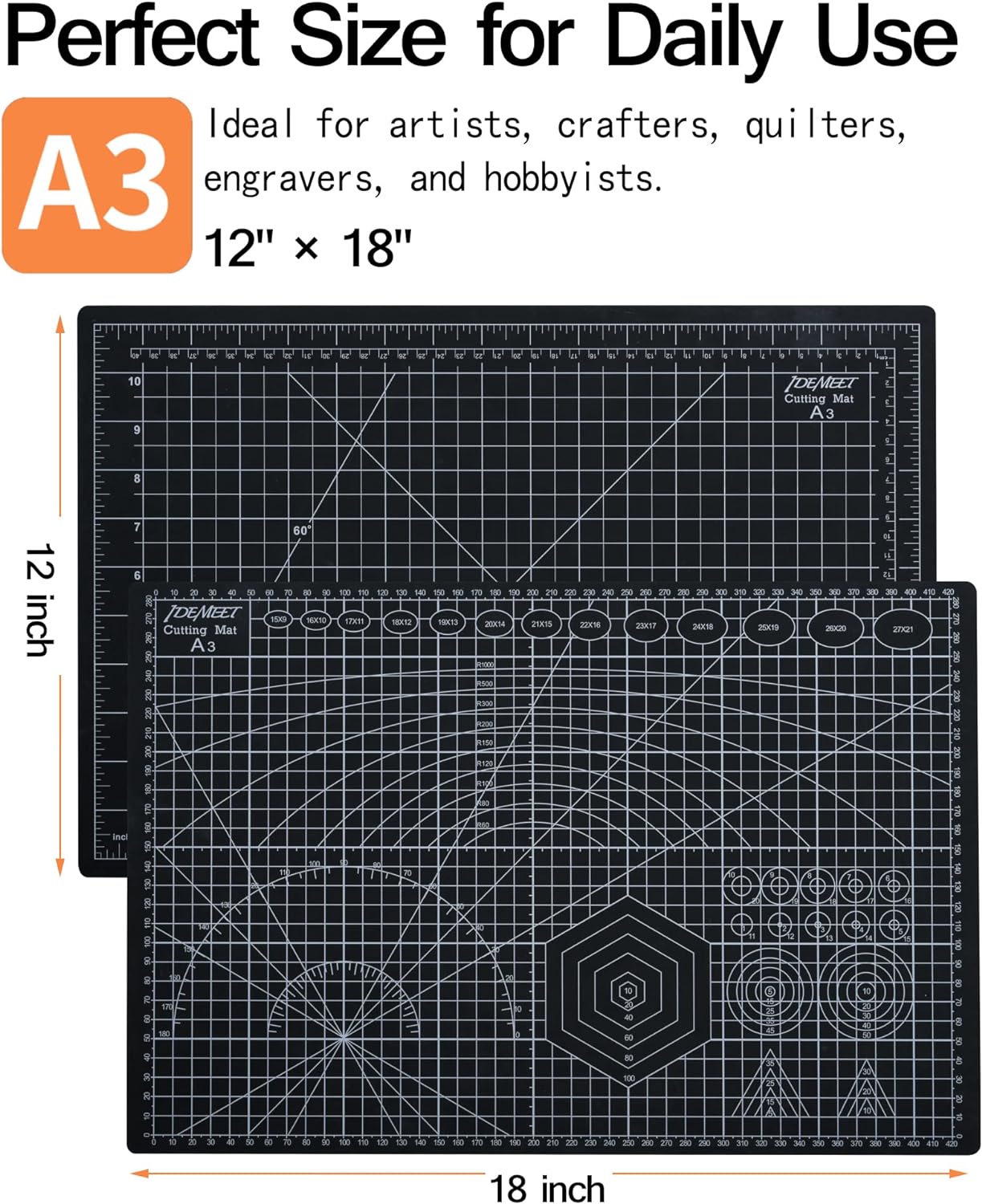 Density-upgraded 18"x12" Self Healing Cutting Mat, Idemeet Rotary Sewing Mat for Crafts, 5-Ply Blade Table Protector Cut Board for Fabric Leather Cutting Quilting Modeling Hobby Project, A3, Black