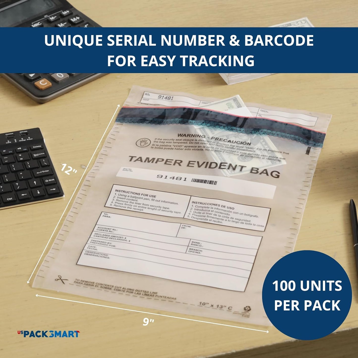 9”x12" Clear Plastic Deposit Bags with Security Tape Tamper Evident - Secure Bank Deposits, Cash Handling, & Currency Transport | Self-Sealing Tape with Hidden Graphics | 100-Pack