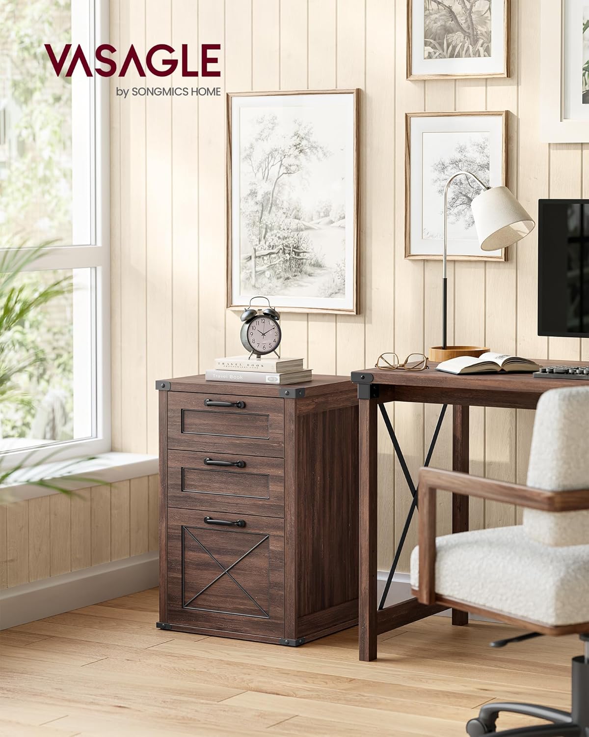 VASAGLE File Cabinet, Filing Cabinet with 3 Drawers, Printer Stand, Fit A4, Letter Size, Hanging File Folders, Modern Farmhouse Style, for Home Office, Maroon Brown UOFC054K02