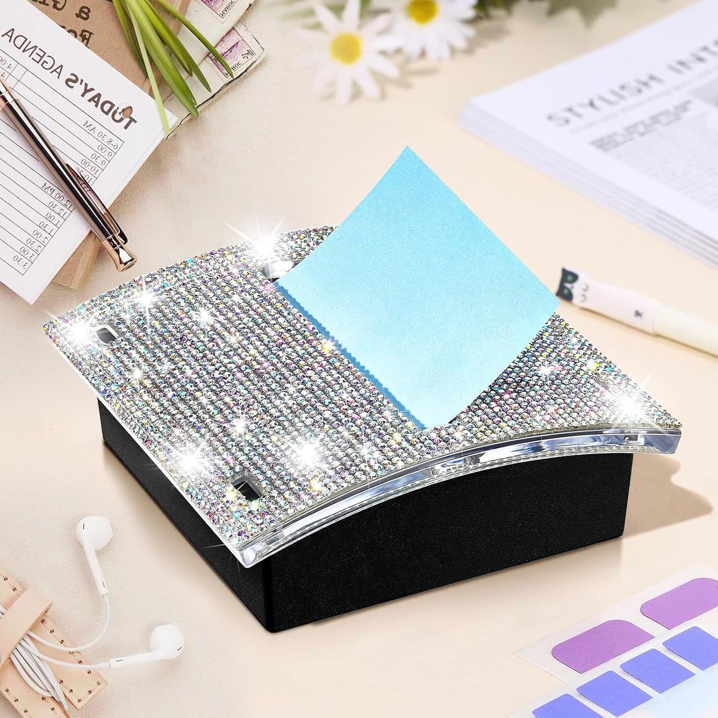 FOTN 4 x 4 Inches Note Holder Dispenser Sticky Note Holder,Bling Self Stick Note Pad Holders Cute Sticky Note Holder for Office Home Classroom Desk Supplies, White