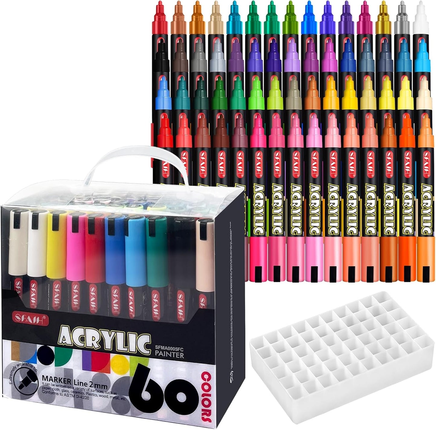 SFAIH Halloween Gifts Acrylic Creative Markers Set of 60 With 14 Metallics, Organizer, 3mm Medium Tips - Holiday Paint Markers, Gift for Kids and Adults - Art Supplies