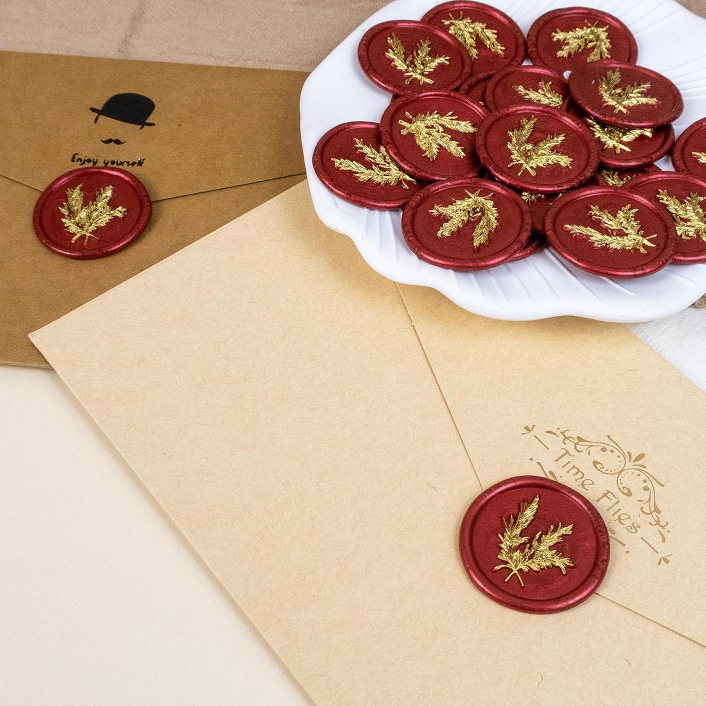 25Pcs Gold & Red Wax Seal Stickers - Handmade Envelope Seals, Self-Adhesive Wax Stickers for Wedding Party Invitations, Envelope, Gift Wrap, Christmas (Gold Rosemary Style, Red)