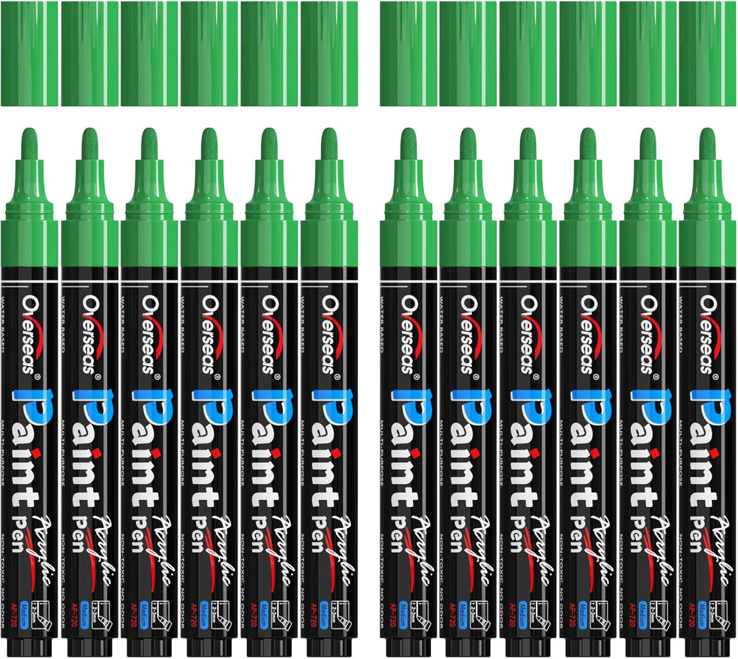 Overseas Green Paint Pens Paint Markers - Permanent Acrylic Markers 12 Pack, Water-Based, Quick Dry, Waterproof Marker Pen for Rock, Wood, Plastic, Metal, Canvas, Glass, Fabric, Mugs. Medium Tip