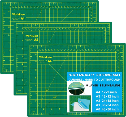 WORKLION Full 9" x 12" Art Self Healing PVC Cutting Mat, Double Sided, Gridded Rotary Cutting Board for Craft, Fabric, Quilting, Sewing, Scrapbooking Project (3 Pack)…