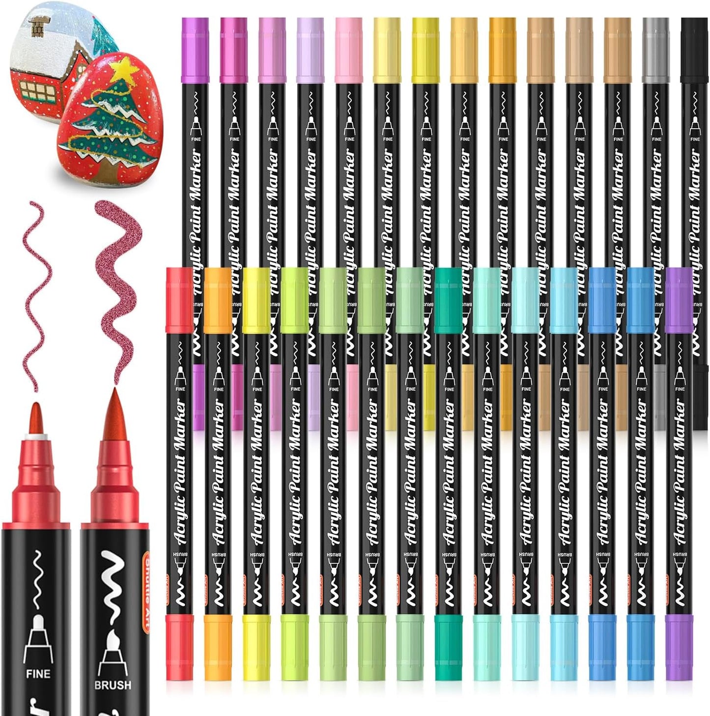 28 Metallic Colors Dual Tip Acrylic Paint Markers, Brush Tip and Fine Tip Acrylic Paint Pens for Rock Painting, Ceramic, Wood, Canvas, Plastic, Glass, Stone, Calligraphy, Card Making, DIY Crafts
