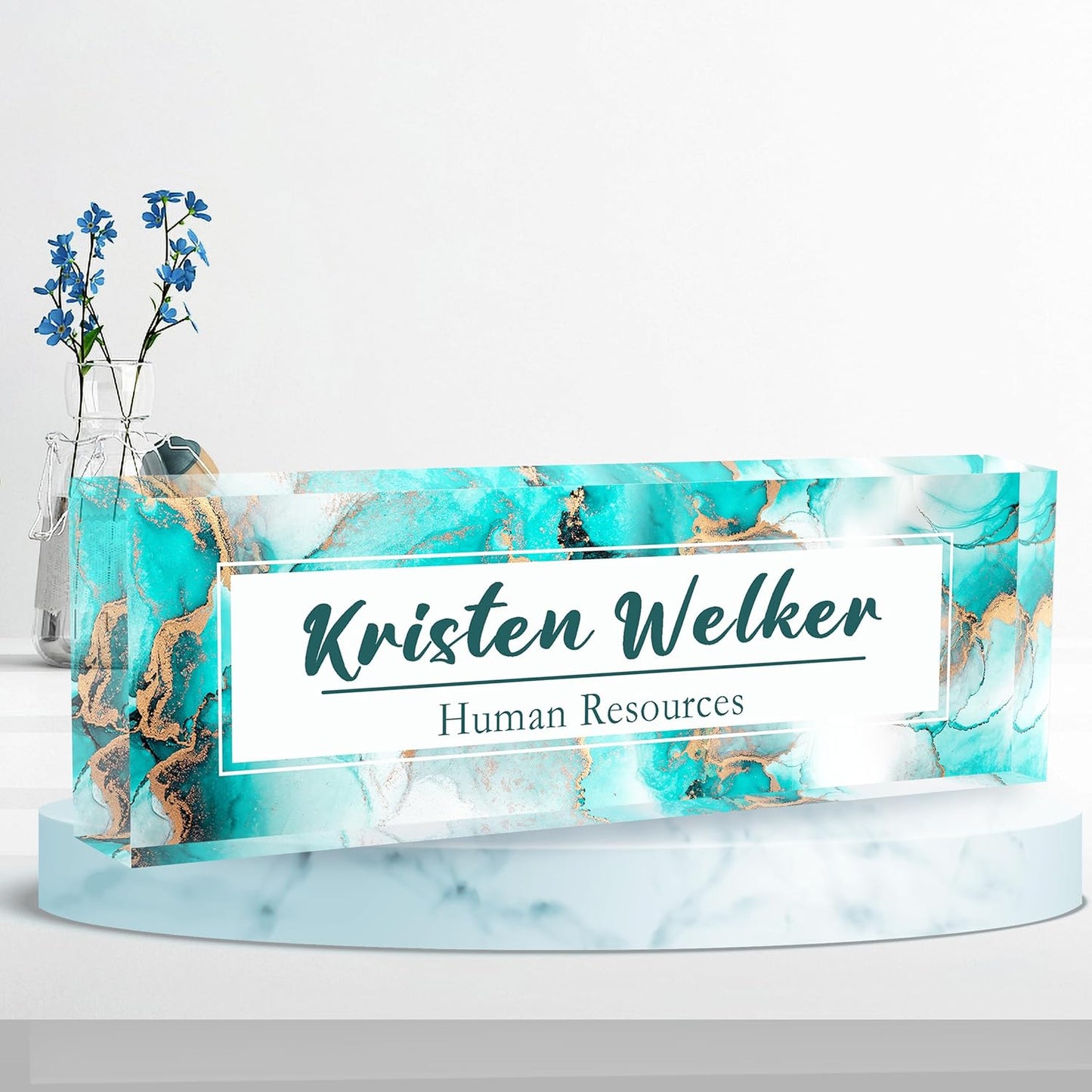 Desk Name Plate Personalized, Premium Ocean Blue Gold Marble Acrylic Desk Name Plate, Personalized Name Plate for Desk, Office Decor for Women or Men Coworkers, Boss, Employee, Teacher