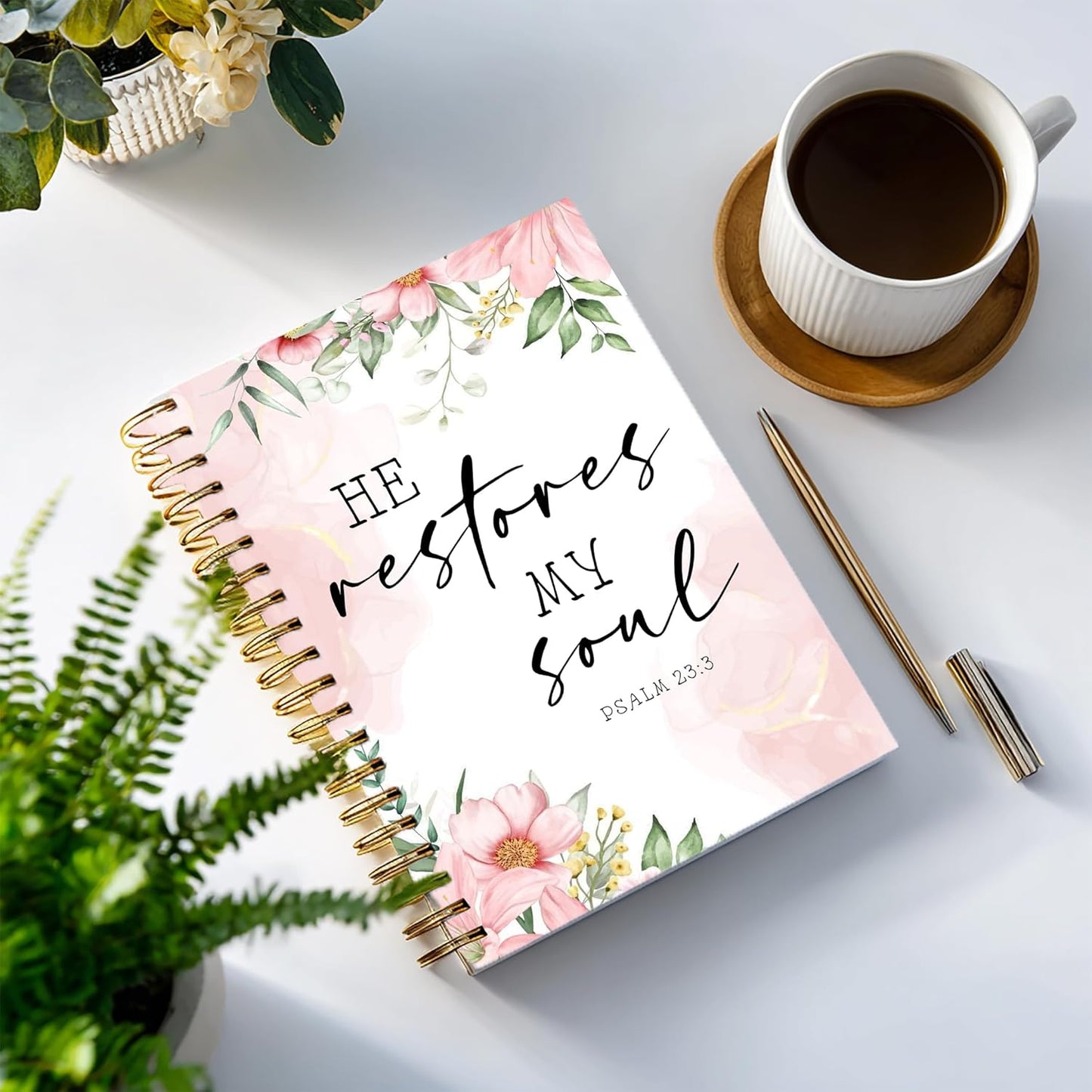 Bible Notebook, A5 Spiral Christian Journal with Floral Pink Butterfly Notebook, Bible Verse-He Restores My Soul, Inspirational Notebooks for Women, Bible Study, Gift for Birthday Christmas, Office Supplies (Light pink)