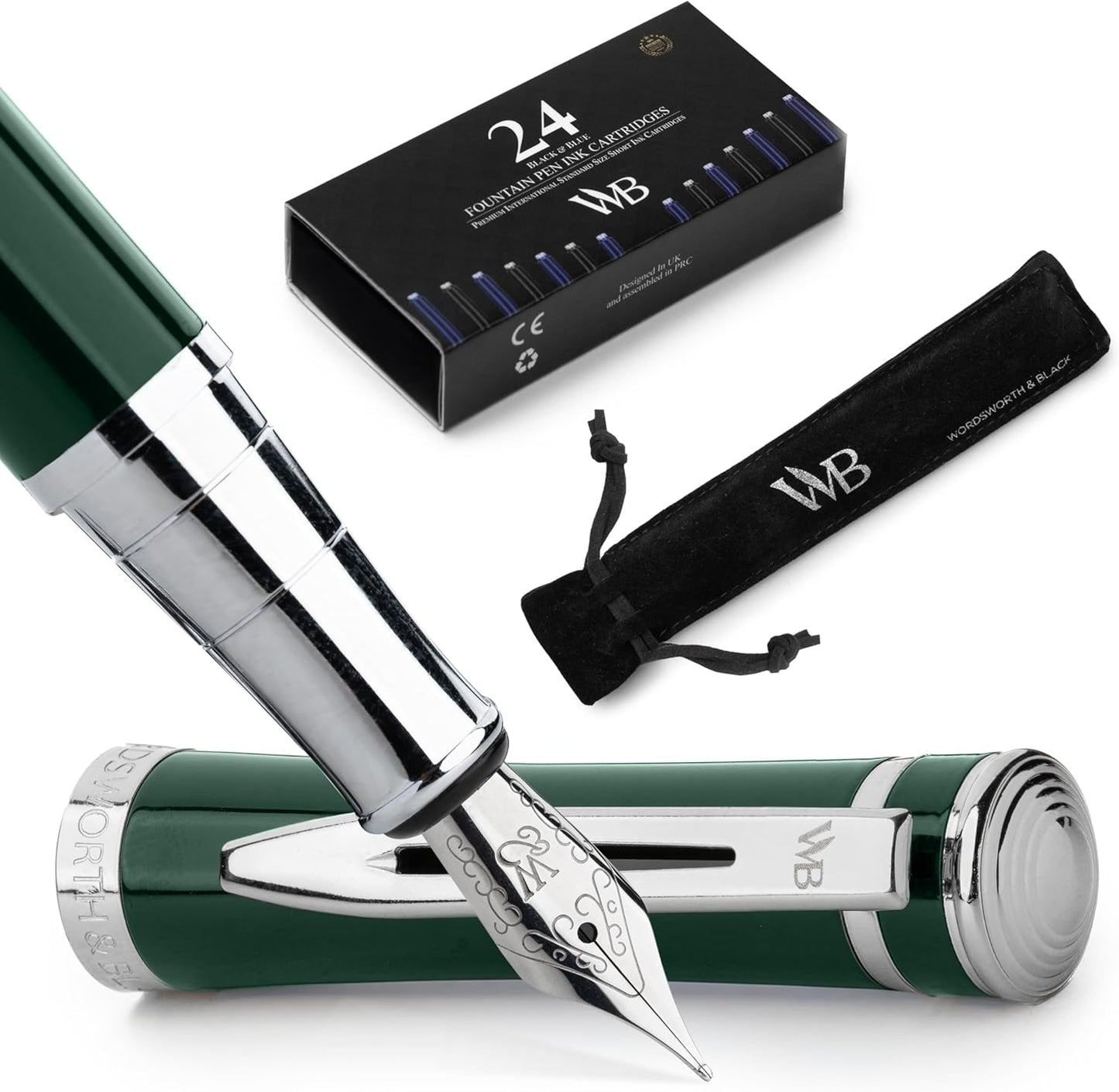 Wordsworth & Black Fountain Pen Set, Medium Nib, Includes 24 Pack Ink Cartridges, Ink Refill Converter & Gift Pouch, Chrome Finish, Calligraphy, [Racing Green], Perfect for Men & Women