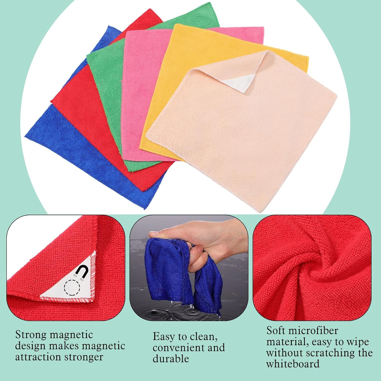 6 Pack Magnetic Whiteboard Cleaning Cloth Extra Strong Magnetism 10'' X 10'' Colorful Microfiber Dry Erase Cloth Reusable Washable Whiteboard Eraser for Classroom, Home and Office Use(Murphys Color)