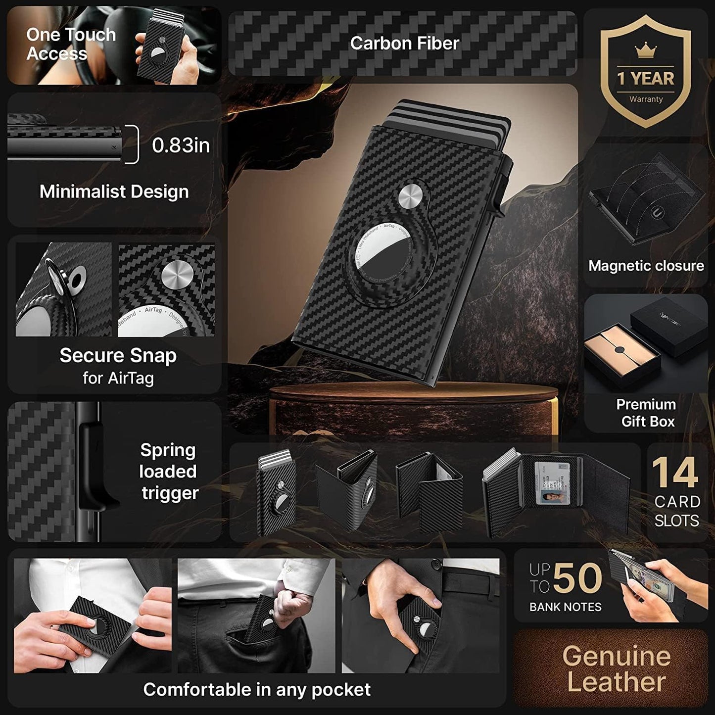 Mens Smart Wallet Card Holder for Air Tag, Minimalist Wallet with RFID Blocking, Slim Pop up Card Case Wallet，Air Tag Wallet with ID Window & Cash Slot (Only Pop Up)