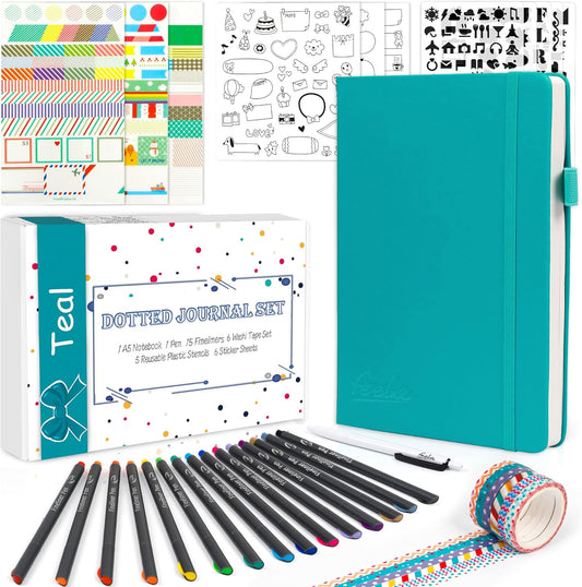 feela Dotted Journal Kit, Dot Grid Journal Hardcover Planner Notebook Set For Beginners Women Girls Note Taking with Journaling Supplies Stencils Stickers Pens Accessories, A5, 224 Pages, Teal