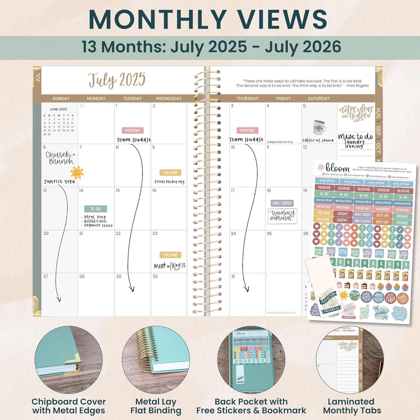 bloom daily planners HARDCOVER 2025-2026 Academic Year Planner (July 2025 - July 2026) - A5 Task Goal Organizer - Aesthetic Monthly & Weekly Inspirational Agenda Book - 5.5" x 8.25" - Green Linen