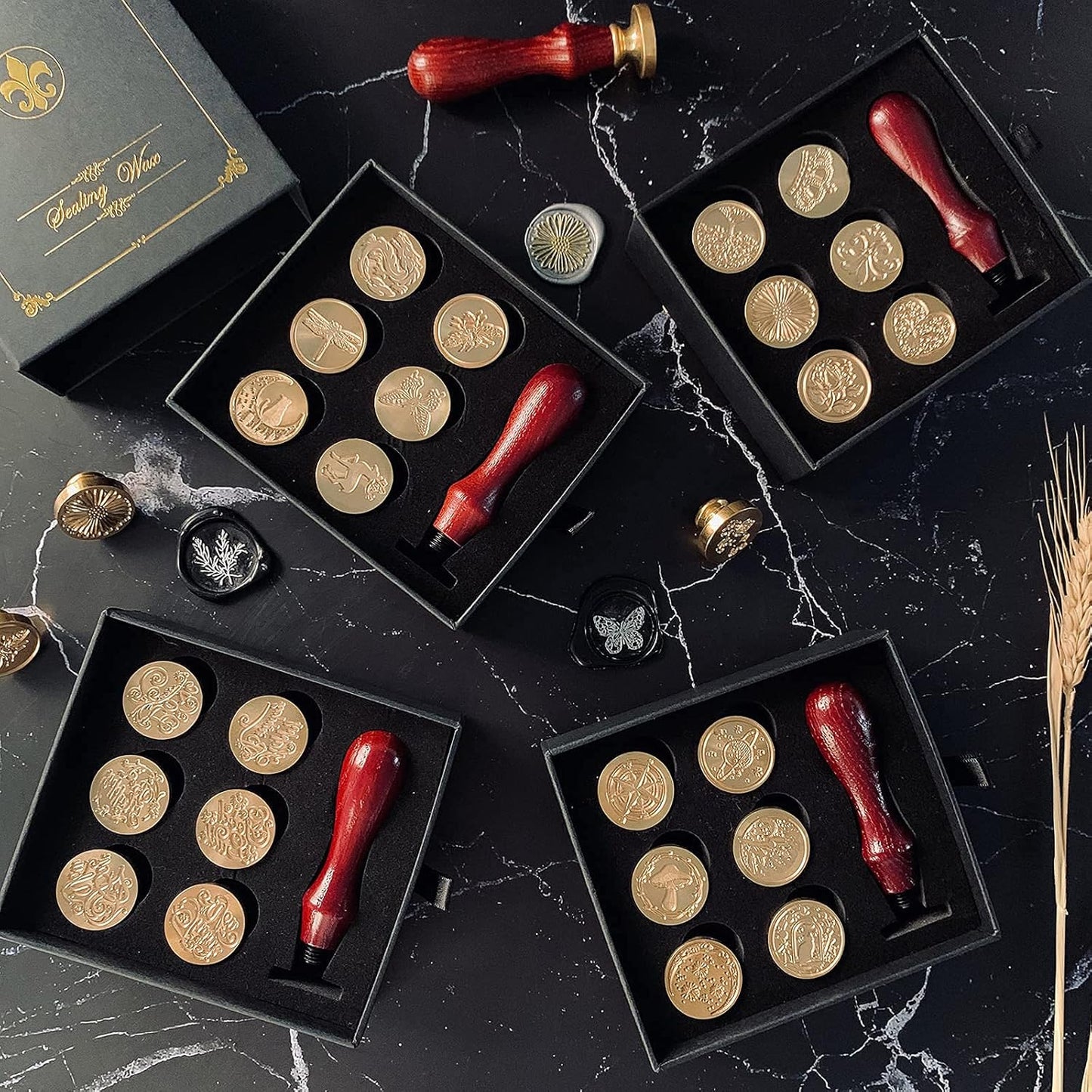 Wax Seal Stamp Gift Box Set, 6 Pcs Sealing Wax Stamps Copper Seals 1 Wooden Hilt, Wax Stamp Kit for Cards Envelopes, Gift Packaging (Nostalgic Classic Series)