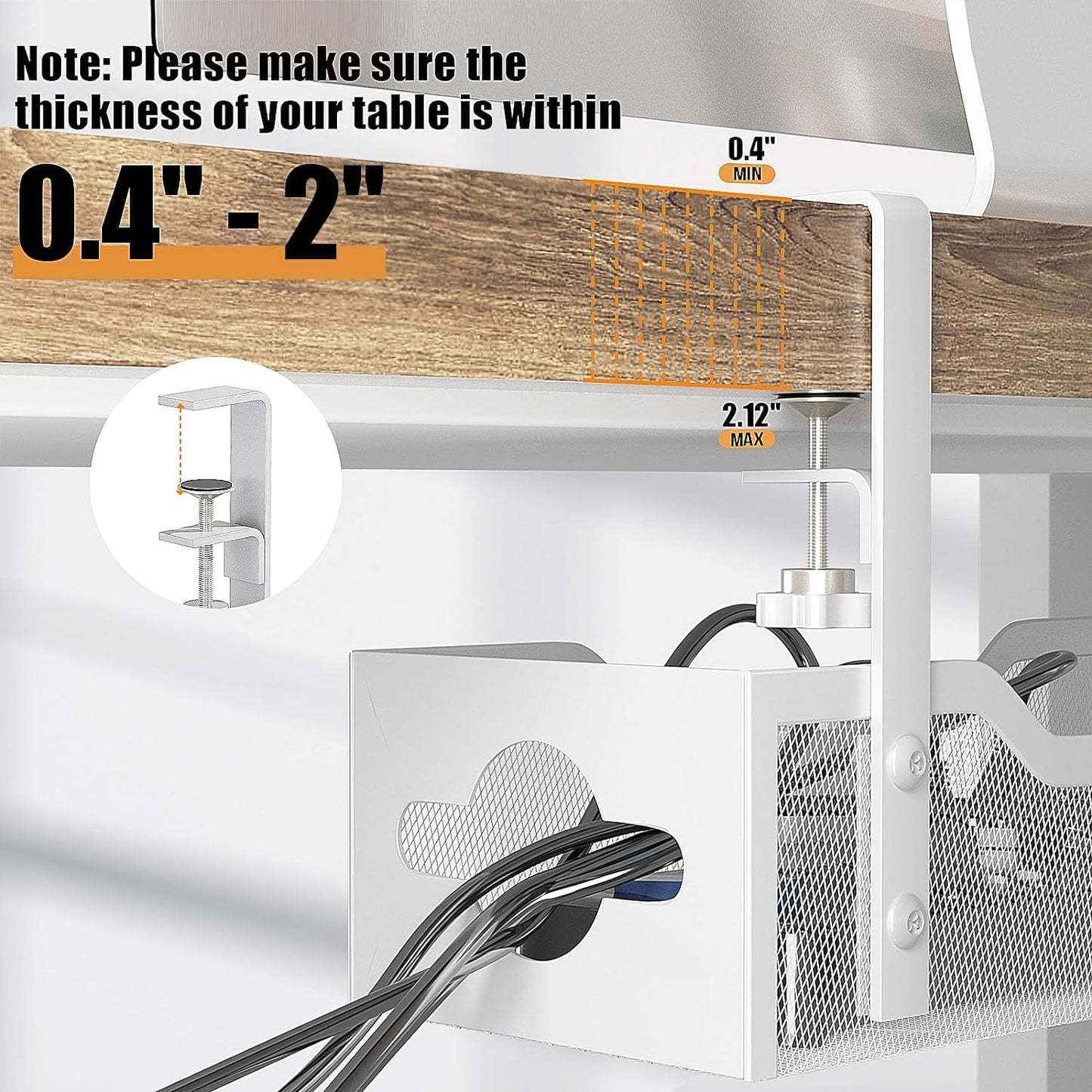 Under Desk Cable Management Tray 24.8", Quszmd Cable Organizer No Drill, Standing Cord Organizer and Wire Management Tray - No Damage to Desk, White