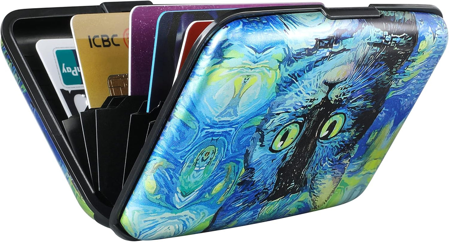 ELFISH Mini RFID Aluminum Wallet Credit Cards Holder Business Card Case Metal ID Case for Men Women(Blue Cat)