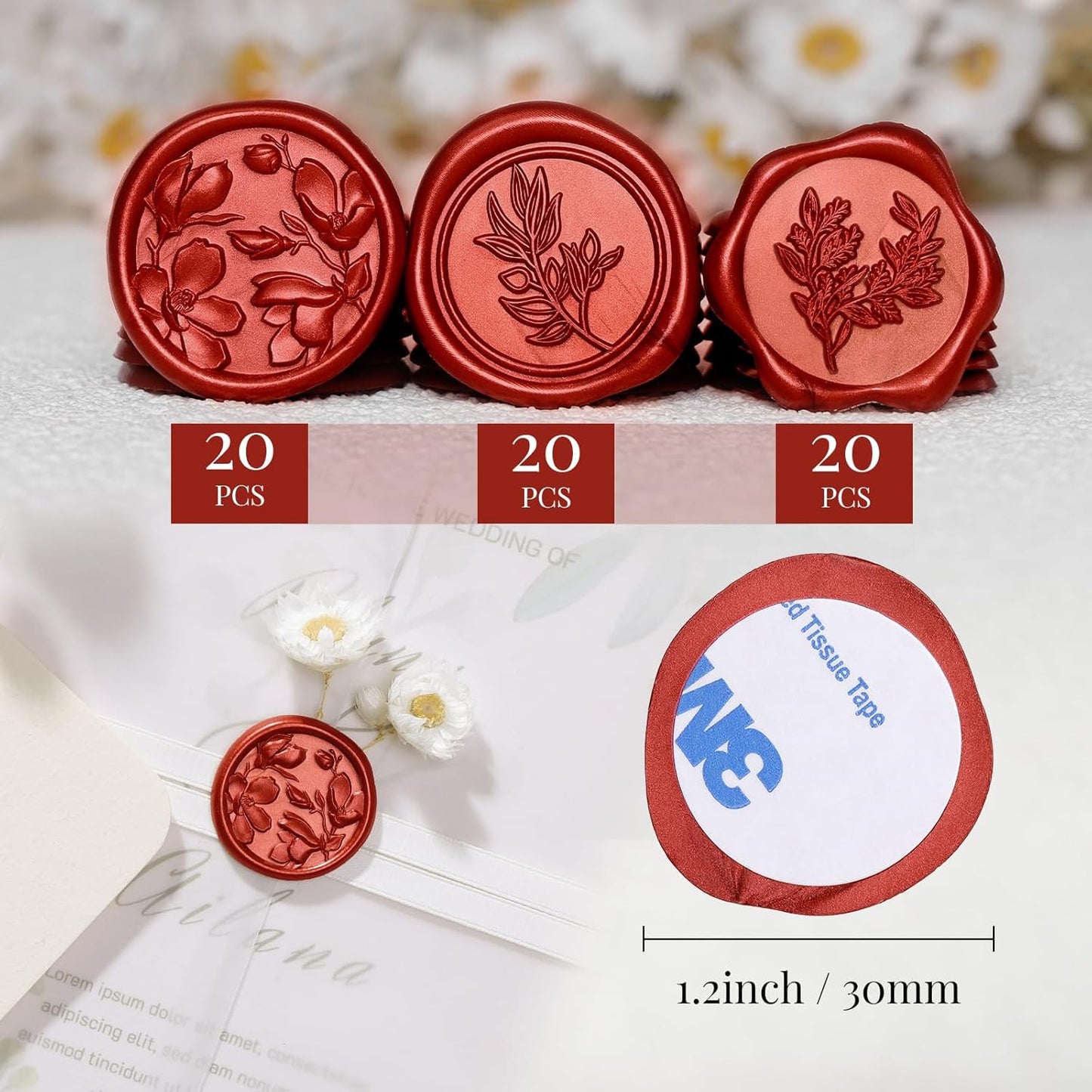 UNIQOOO Wax Seal Stickers - (3 Designs in 1 Pack) Wedding Invitation Envelope Seal Stickers, 60 Pcs Self-Adhesive Stickers, Perfect for Invitation, Christmas, Gift Wrapping