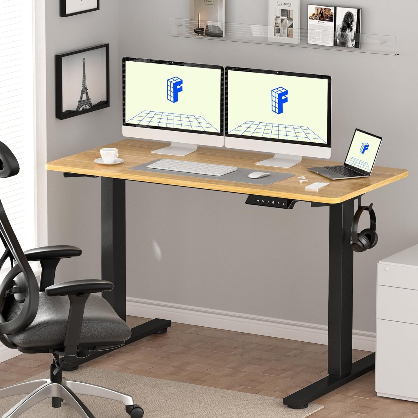 FLEXISPOT EN1 Whole-Piece Standing Desk, 60"x24" Electric Sit Stand Desk for Home Office (Black Frame + Maple Top, 2 Packages)