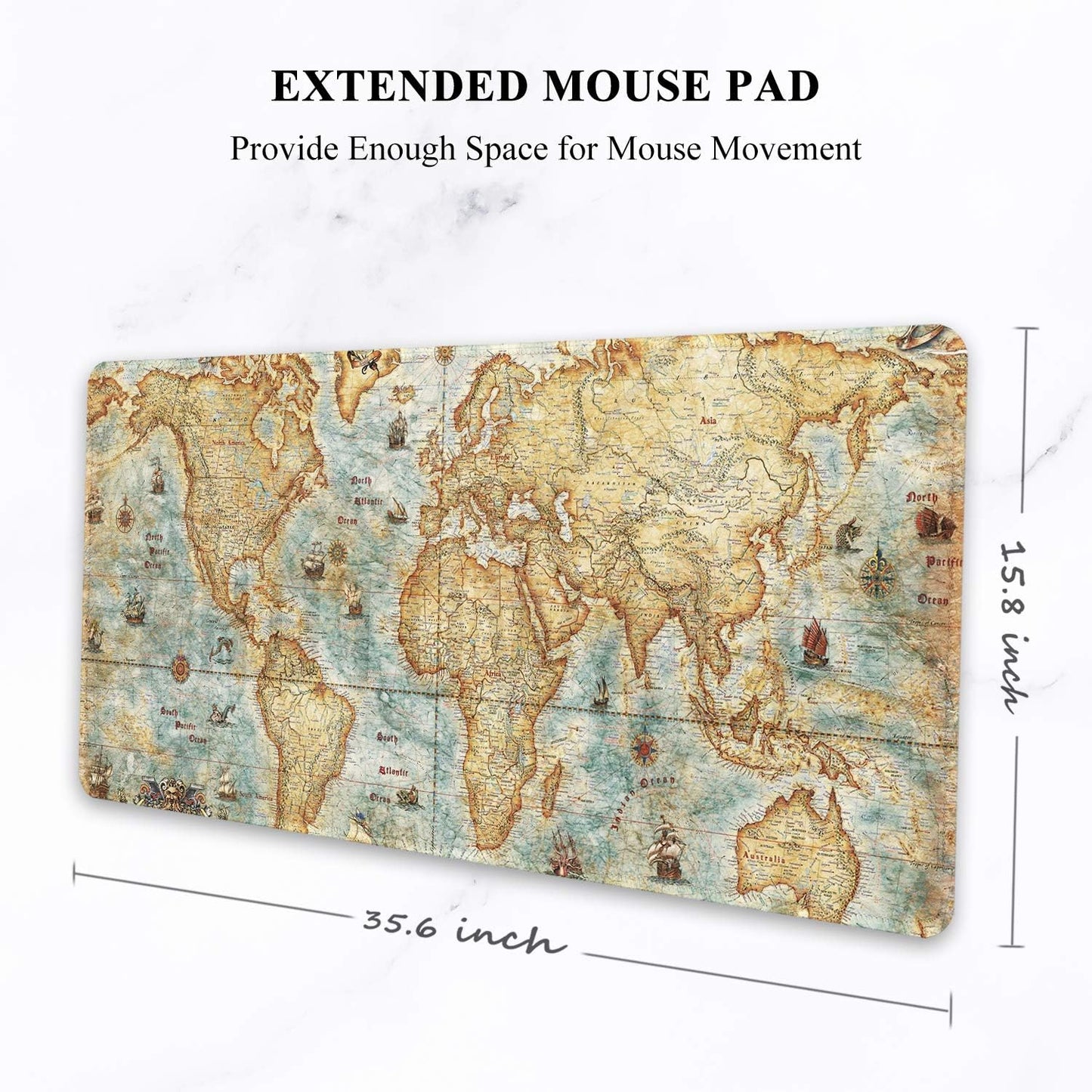 Auhoahsil Large Gaming Mouse Pad, Vintage Map Theme XXL 35.4 x 15.7 in Desk Pad Stitched Non-Slip Rubber Long Computer Mousepad Thin Extended Full Size Desk Mat for Desktop, Laptop, Wireless Mice