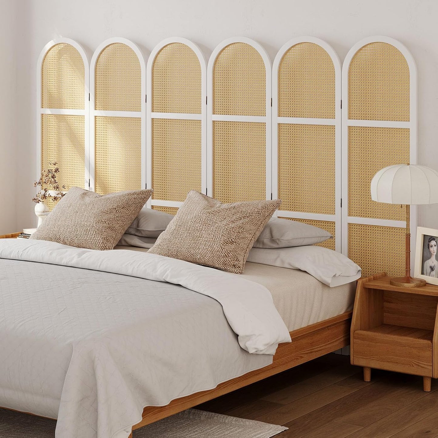 Room Dividers and Folding Privacy Screens, 5.6 Ft Double Hinged Rattan Partition Freestanding Wall Room Divider for Home - 6 Panels (White)