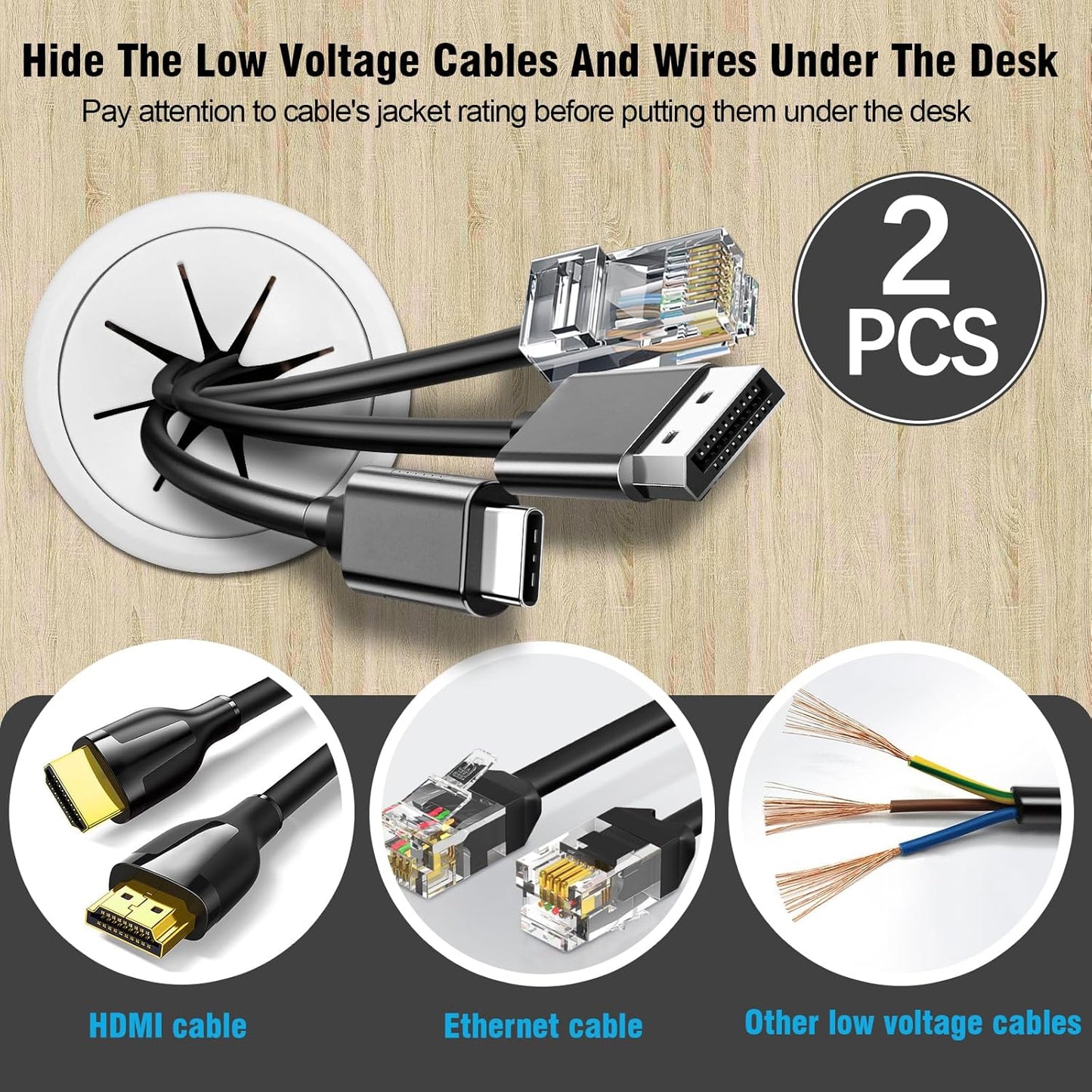 2" White Desk Grommet, JTemgle Flexible Cable Grommet Plastic Cable Hole Cover Wire Organizer Caps Desktop Cord Management for Home Office TV Stands Tabletops, 2 Pieces