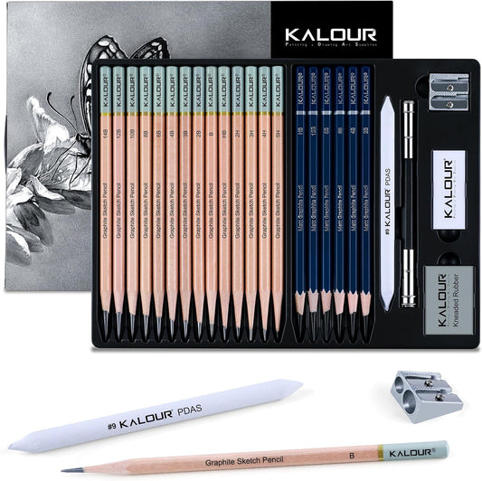 KALOUR 25-Piece Professional Sketch Pencil Set with Matte and Regular Pencils - Includes Vinyl Eraser, Kneaded Eraser, Sharpener, Pencil Extender and Blending Stump - Ideal for Artists and Beginners