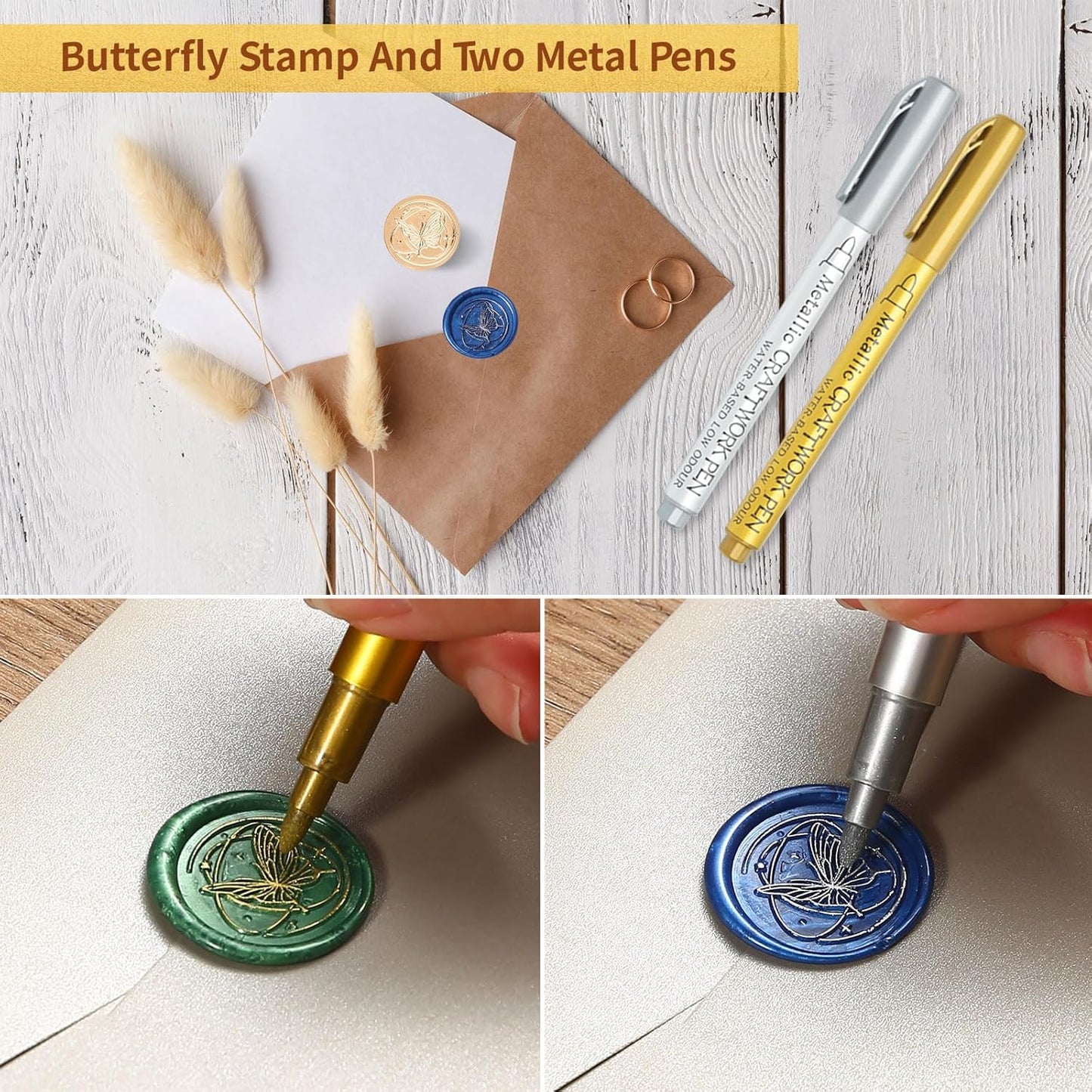 Wax Seal Kit with Gift Box, 630 Pcs 24 Color Sealing Beads, Butterfly Stamp, Sealing Wax Warmer, Envelopes, Adhesive Stickers for Gift and Decoration (Classical Butterfly)