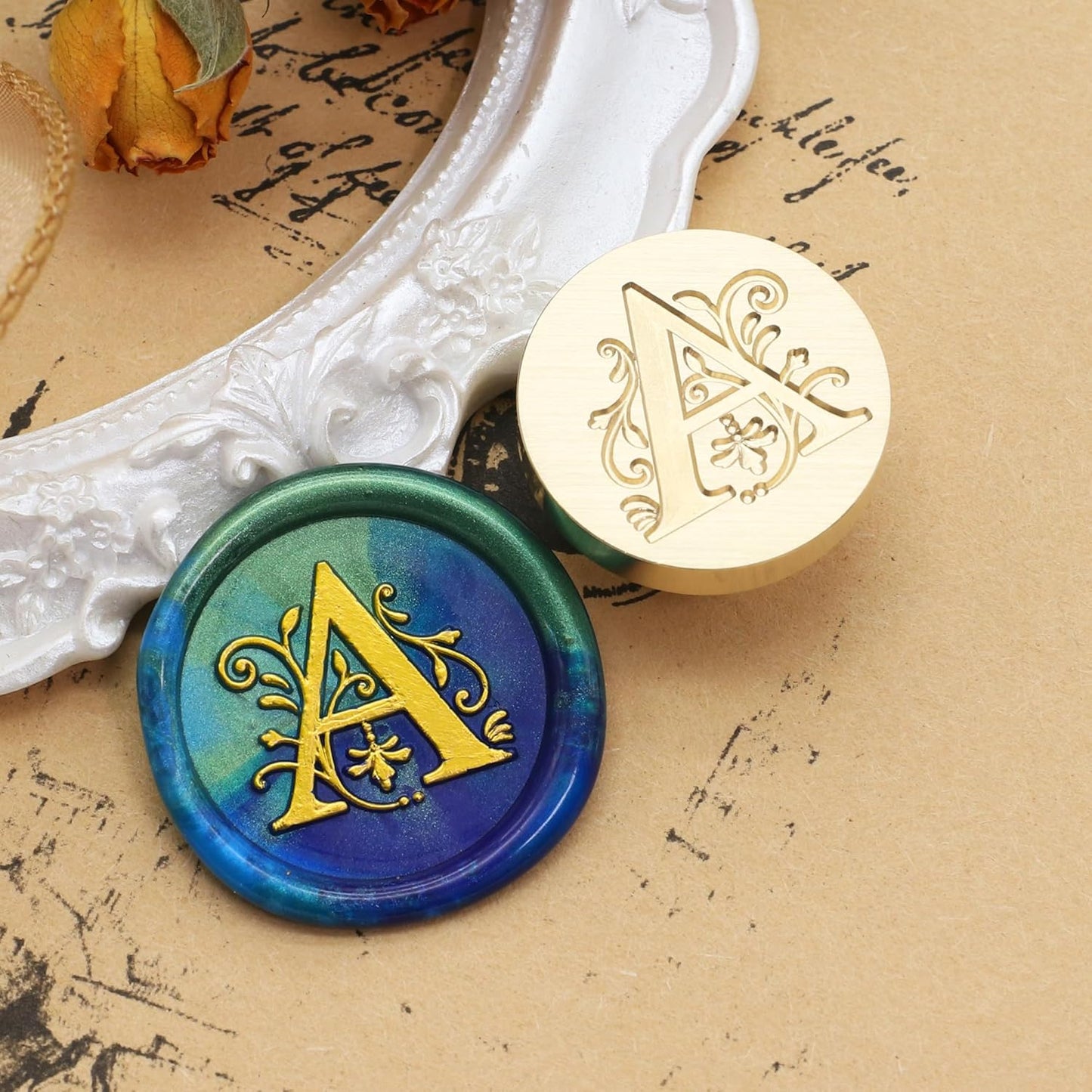 SWANGSA Initial Alphabet A Wax Seal Stamp Kit, Classic Retro Letter Sealing Stamp with 200pcs Sealing Wax Beads Kit for Wedding Invitations Cards Envelopes (A)