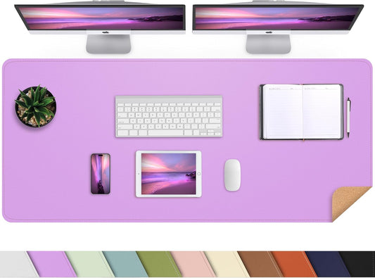 Leather Desk pad Protector, Large Desk mat with Natural Cork & PU Leather,Mouse pad,Non-Slip Office Desk Mat,Waterproof Desk Writing Pad for Office and Home (47in*17in, Purple)