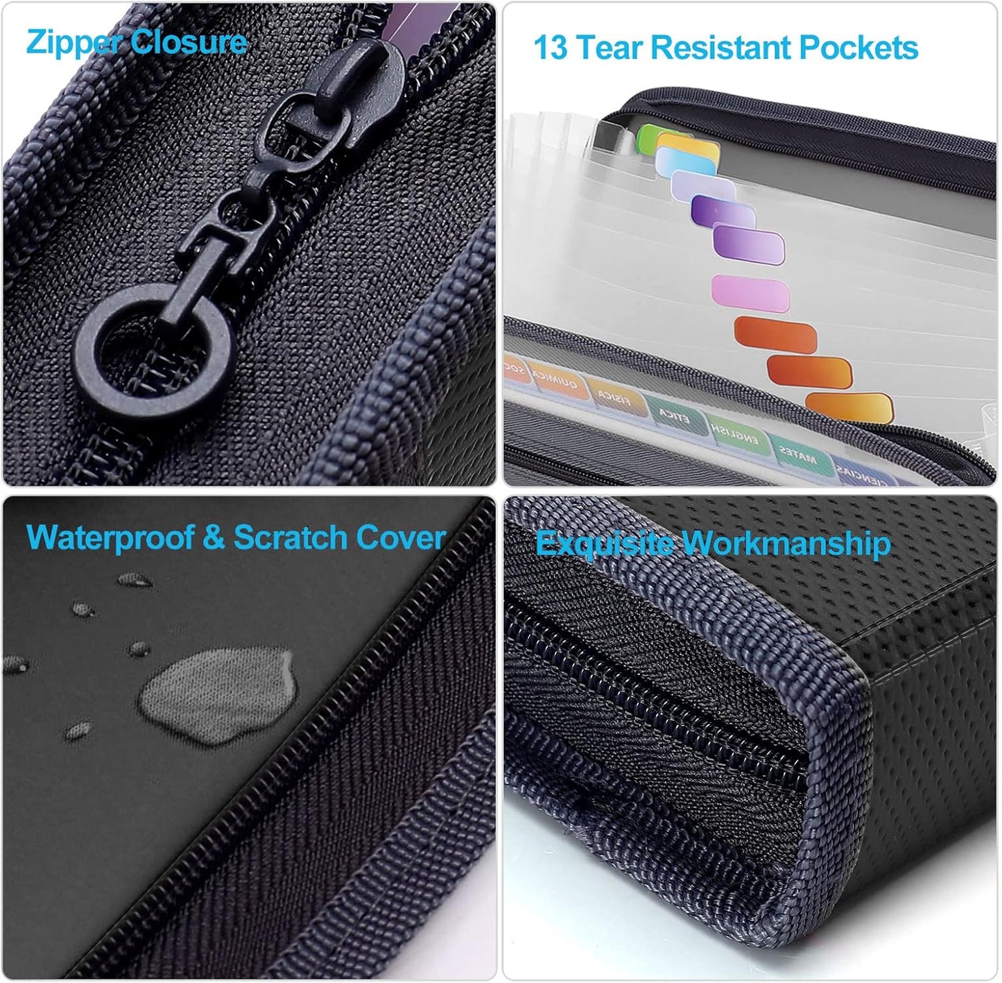MEGREZ Expanding File Folder with 13 Pockets, 2 Pack A4 Paper File Folder with Zipper Color Labels, Waterproof Accordion File Folder Organizer for Home Office, Black(2 Pack)