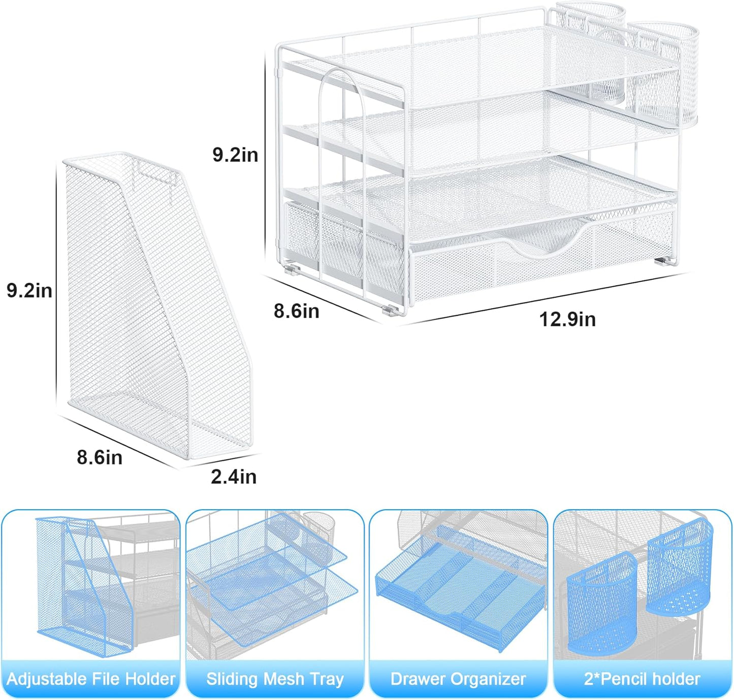 gianotter Desk Organizers and Accessories with File Holder, 4-Tier Desk Accessories & Workspace Organizers with Drawer and 2 Pen Holder, Paper Organizer for Office Supplies (White)