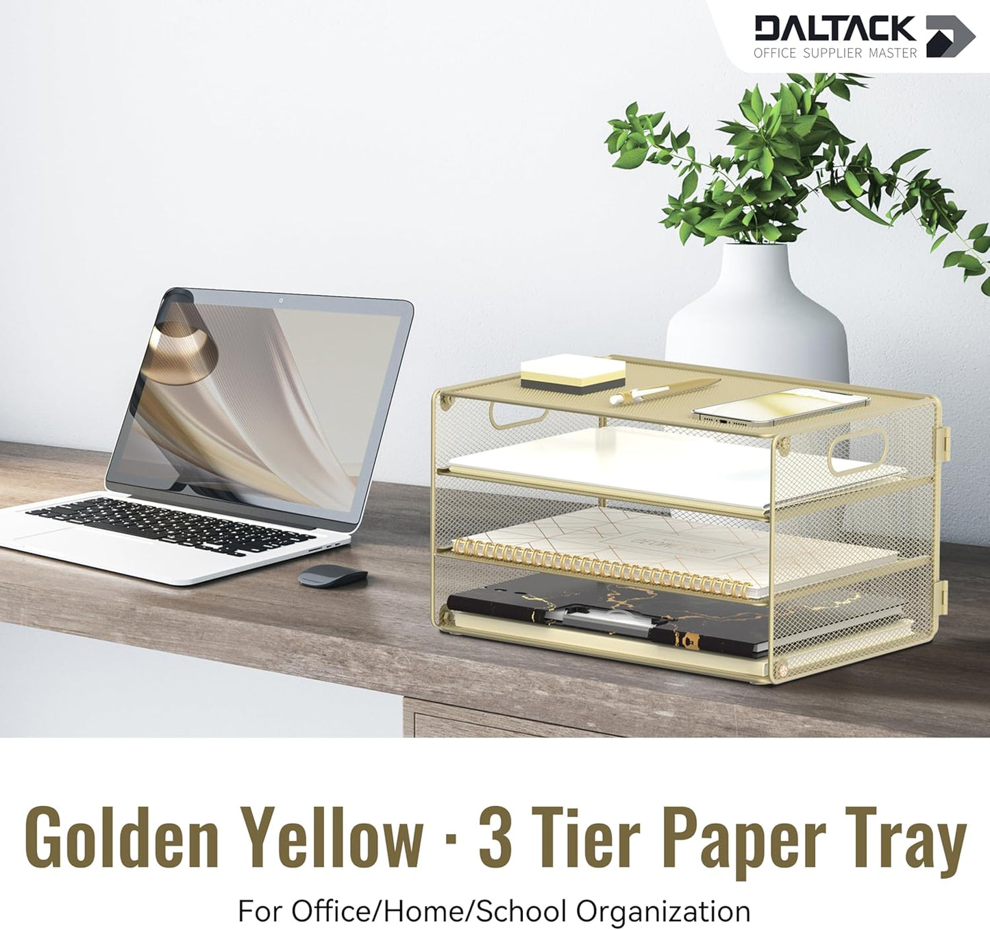 DALTACK 3 Tier Letter Tray Paper Organizer with Handle, Mesh Desk File Organizer, Paper Tray Desk Organizer for School Office Home, Metal Mesh, Golden Yellow