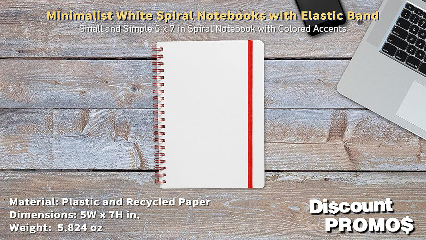 10 White Spiral Notebooks with Elastic Band Pack - 80 lined pages, Recycled - Red