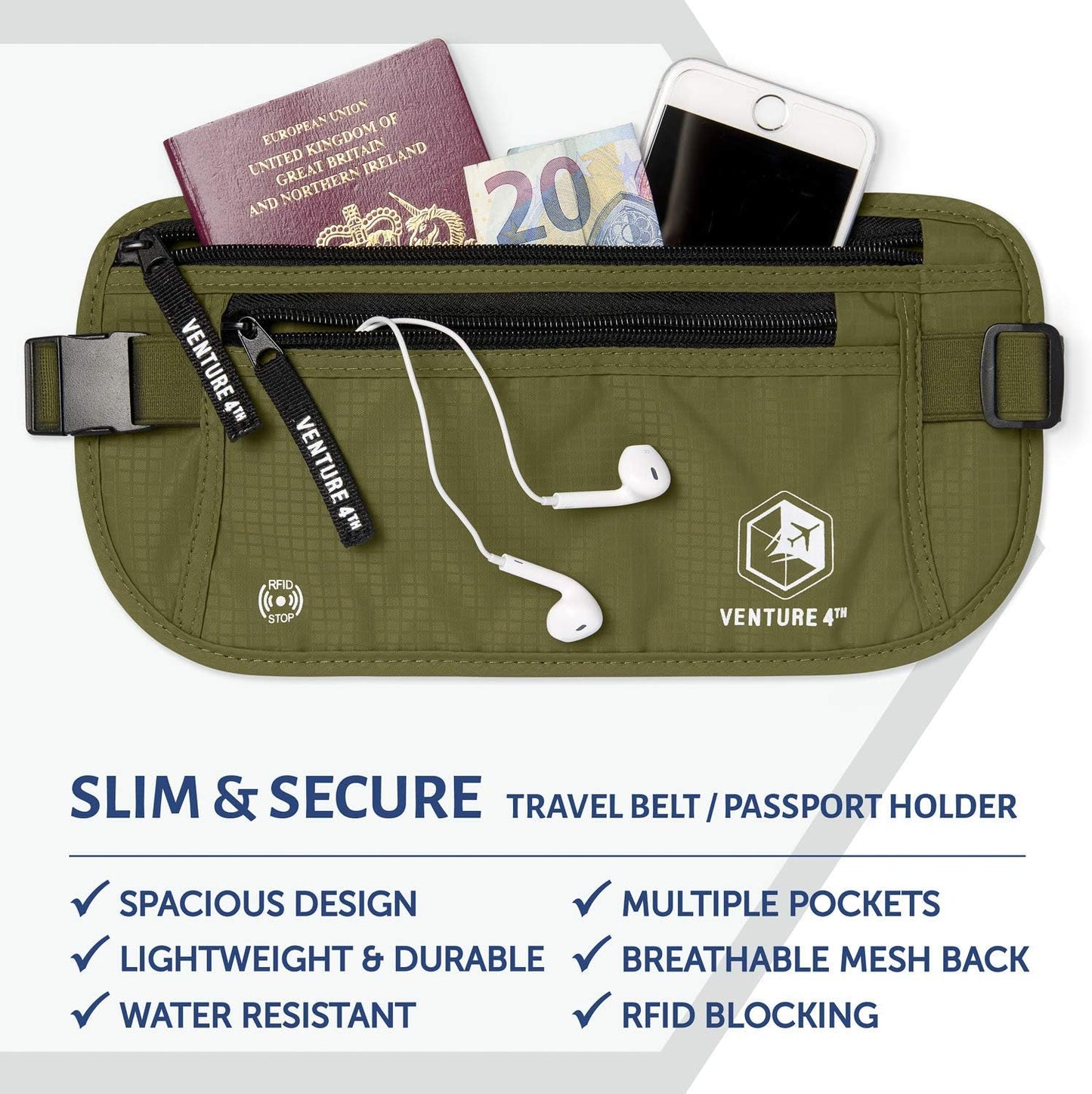 VENTURE 4TH Travel Money Belt - Slim Passport Holder RFID Blocking Travel Pouch to Protect Cash, Credit Cards and Travel Documents (Green)