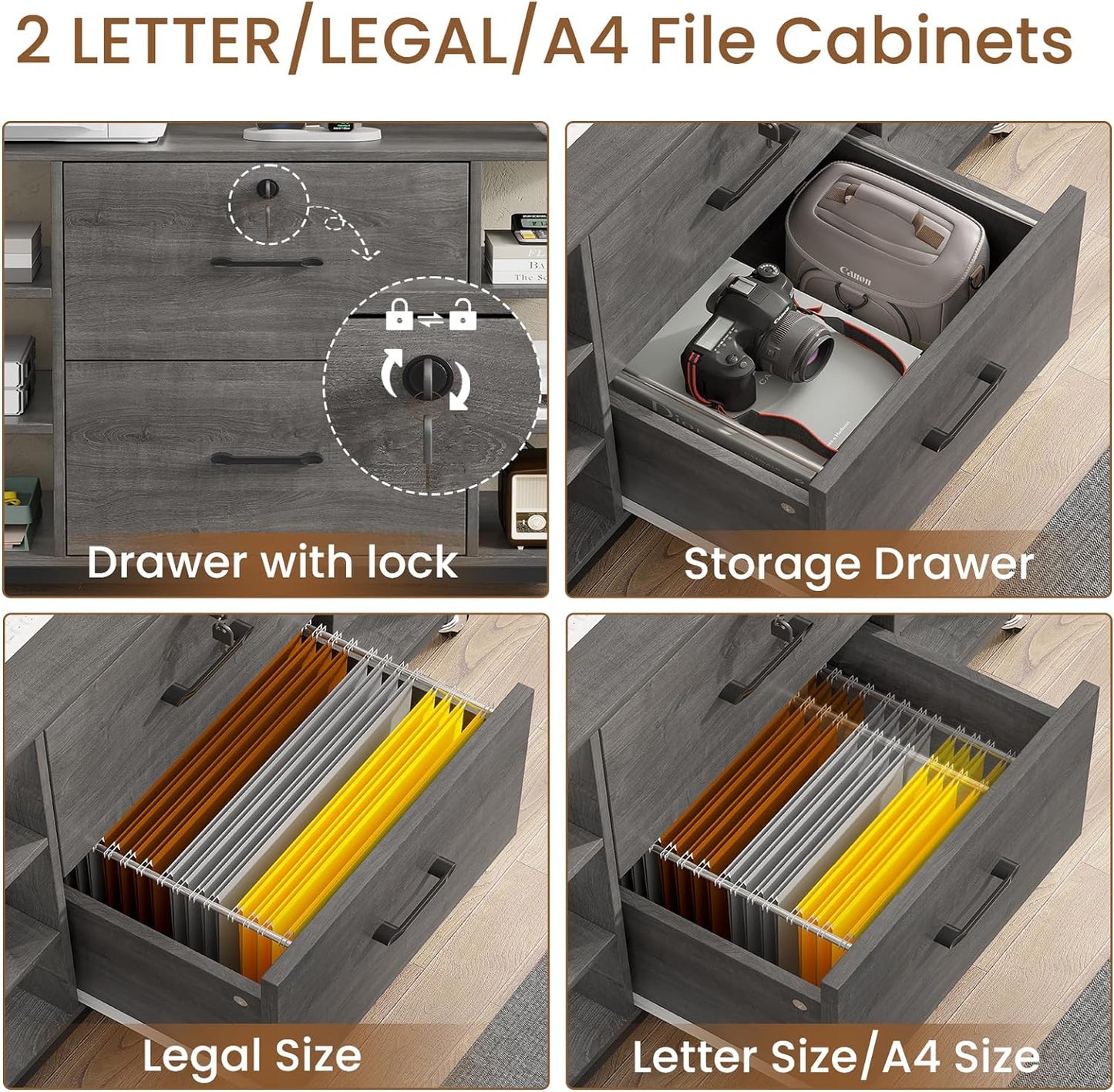 SEDETA 44" File Cabinet, Filing Cabinet fits Legal/Letter Size, 2 Drawer File Cabinets for Home Office with Lock, Power Strip, 6 Storage Shelves, Grey