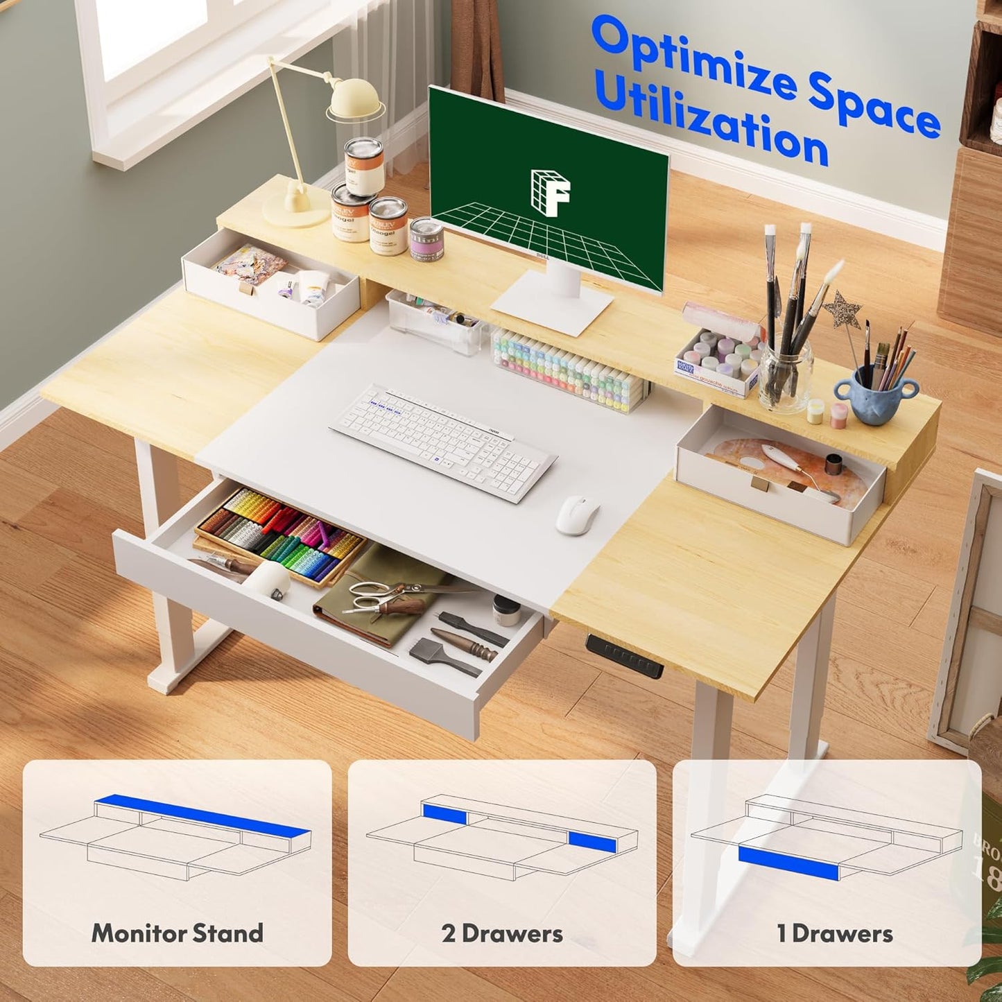FLEXISPOT 4-Leg Standing Desk with Storage 71x32 in Electric Adjustable Height with 3 Drawers & Shelving Home Office Workstation (White + Maple Top)
