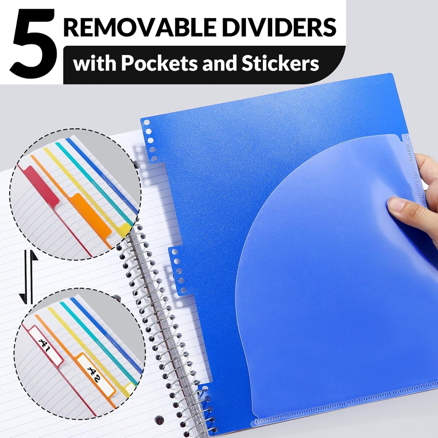 SUNEE 5 Subject Notebook College Ruled - 400 Pages, 9"x11", 5 Pocket Colored Dividers, 3-Hole Punched Paper, White