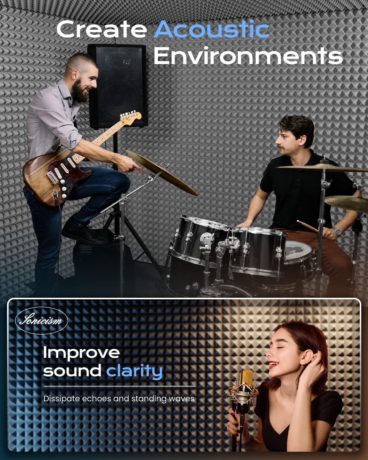 Sonicism Acoustic Panels Self-Adhesive 48 Pack Pyramid 2"X12"X12" Soundproof Wall Panels Fast Expand Sound Proof Foam Panels for Walls 35kg/m³High Density,Sound Absorption & Decoration,Gray