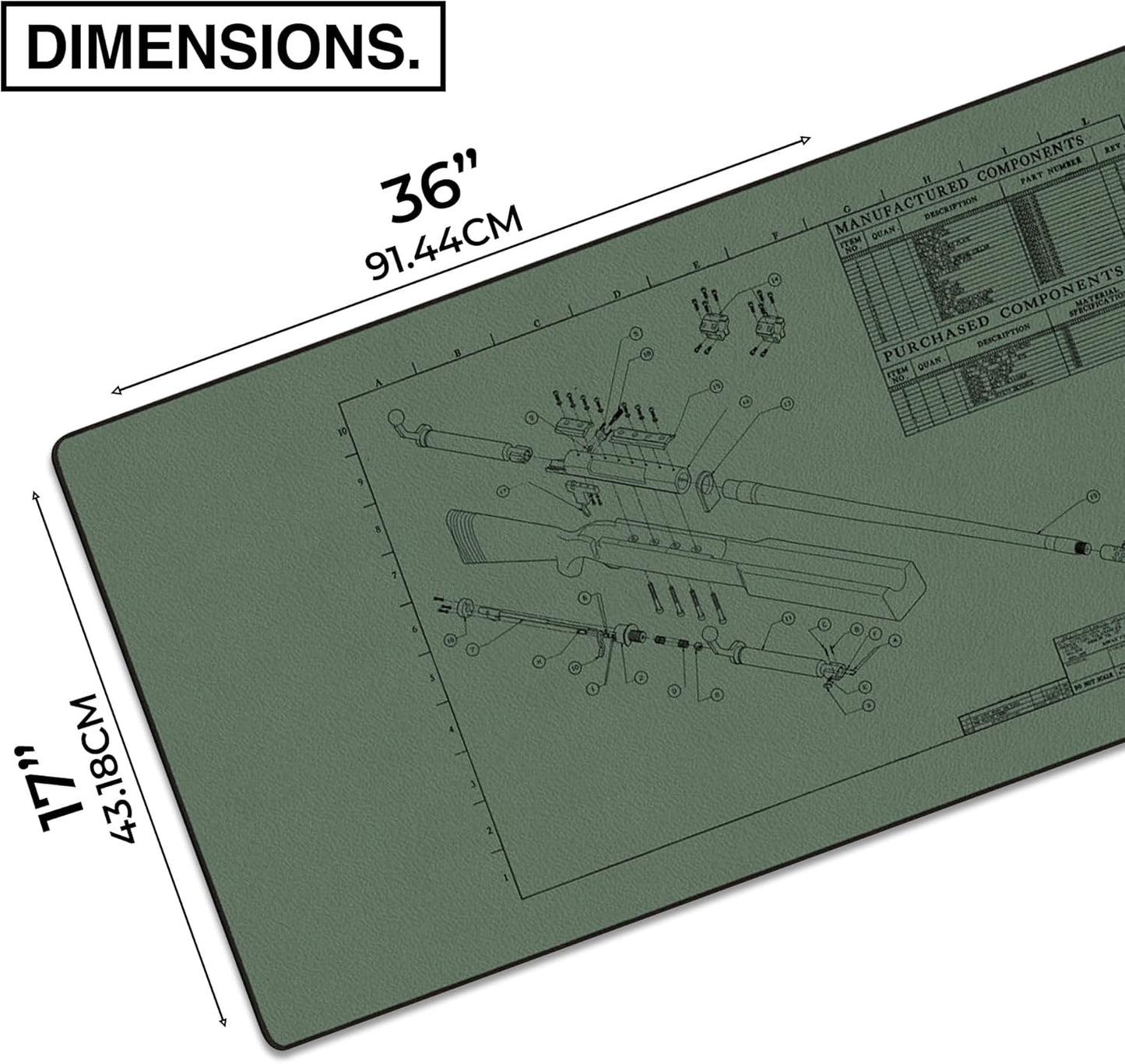 MPCO. Blueprints Large Gaming Desk Pad - 36" x 17" Duraglyde Fabric Browning 50 Cal – Green Desk Mats - Non-Slip, Washable, Smooth Glide for Precision Gaming & Work