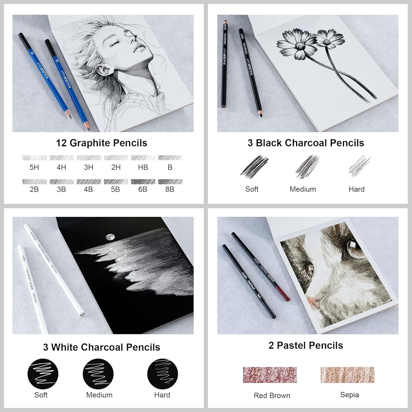 KALOUR 206 Drawing Set Sketching Kit,Art Supplies with 3-color Sketchbook & Coloring Paper,Include Tutorial, Colored, Graphite, Charcoal, Watercolor & Metallic Pencil,for Artists Adults Teens Beginner