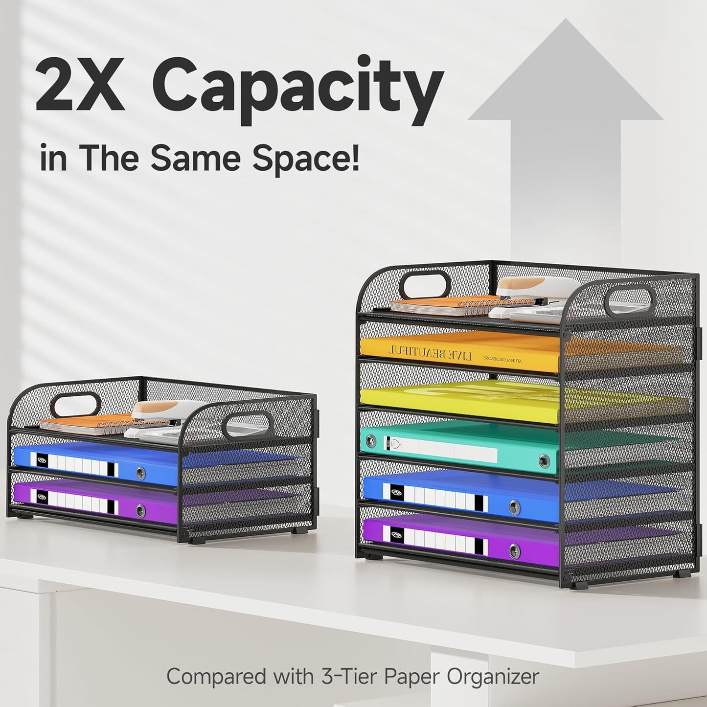 6 Tier Paper Organizer with Handle, Metal Desk Organizer Mesh Paper Letter Tray Desktop File Folder Document Sorter for Classroom, School, Office Accessories Organization and Storage - Black