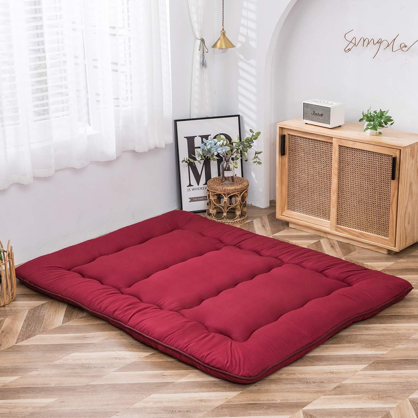 MAXYOYO Japanese Floor Mattress Futon Mattress, Thicken Sleeping Pad Foldable Roll Up Floor Futon for Adults Tatami Mat Dormitory Bed Lounger, Burgundy, Full Size