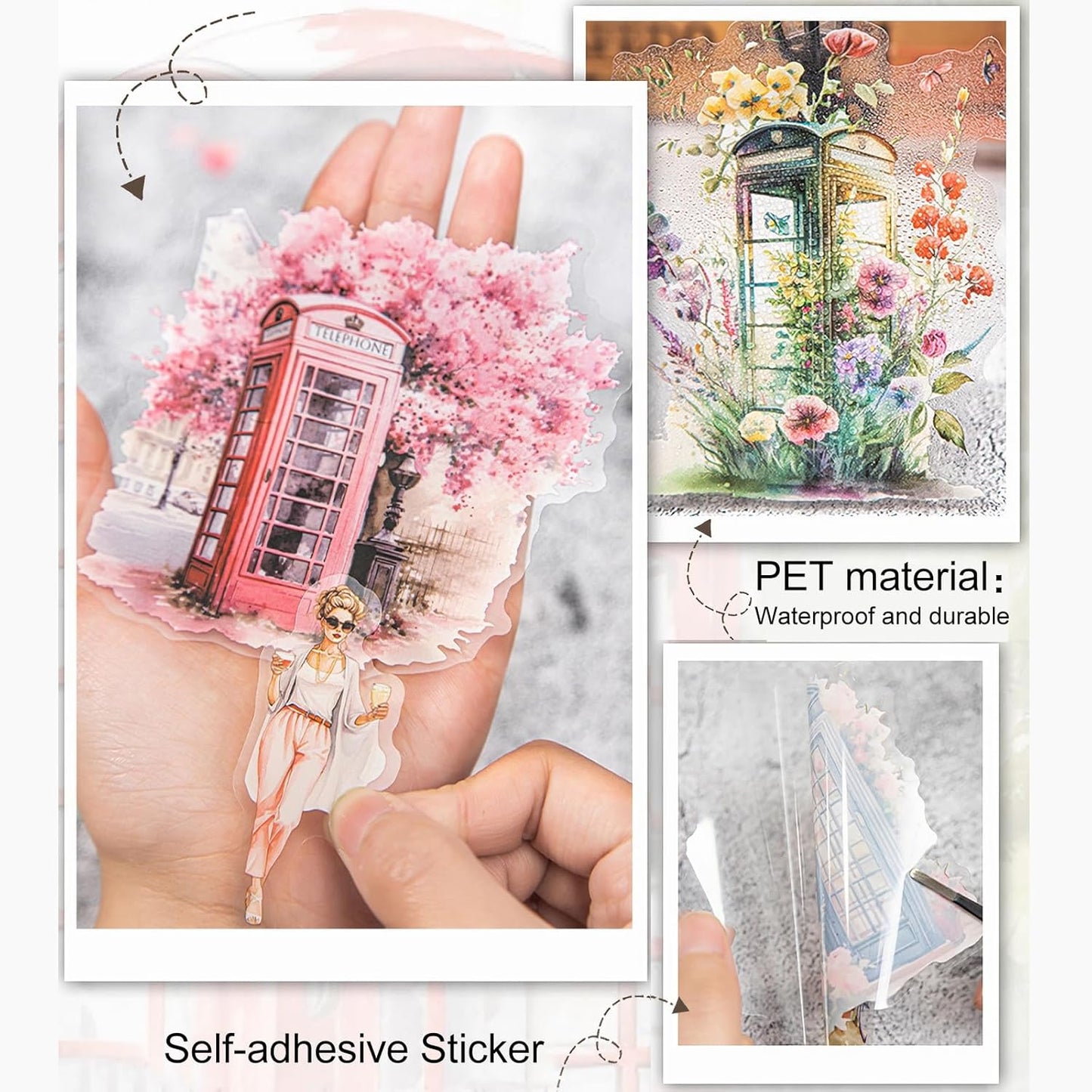 Telephone Booth PET Sticker Set, 80PCS Vintage Street Scene Stickers for Scrapbooking, Journaling, DIY Crafts, Planner Decoration, and Aesthetic Collage