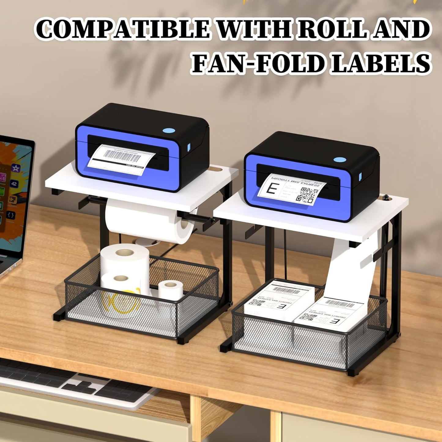Label Holder for Rolls and Fan-Fold Labels, White Shipping Thermal Label Holder with Drawer for Desktop Thermal Printer, Sticker Roll Holder, Printer Accessory Supplies for Home, Office Small Business